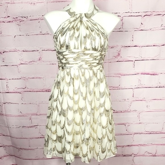 Aidan Mattox Ivory Gold Silk Metallic Halter Dress Size 2 – New w/ Tag