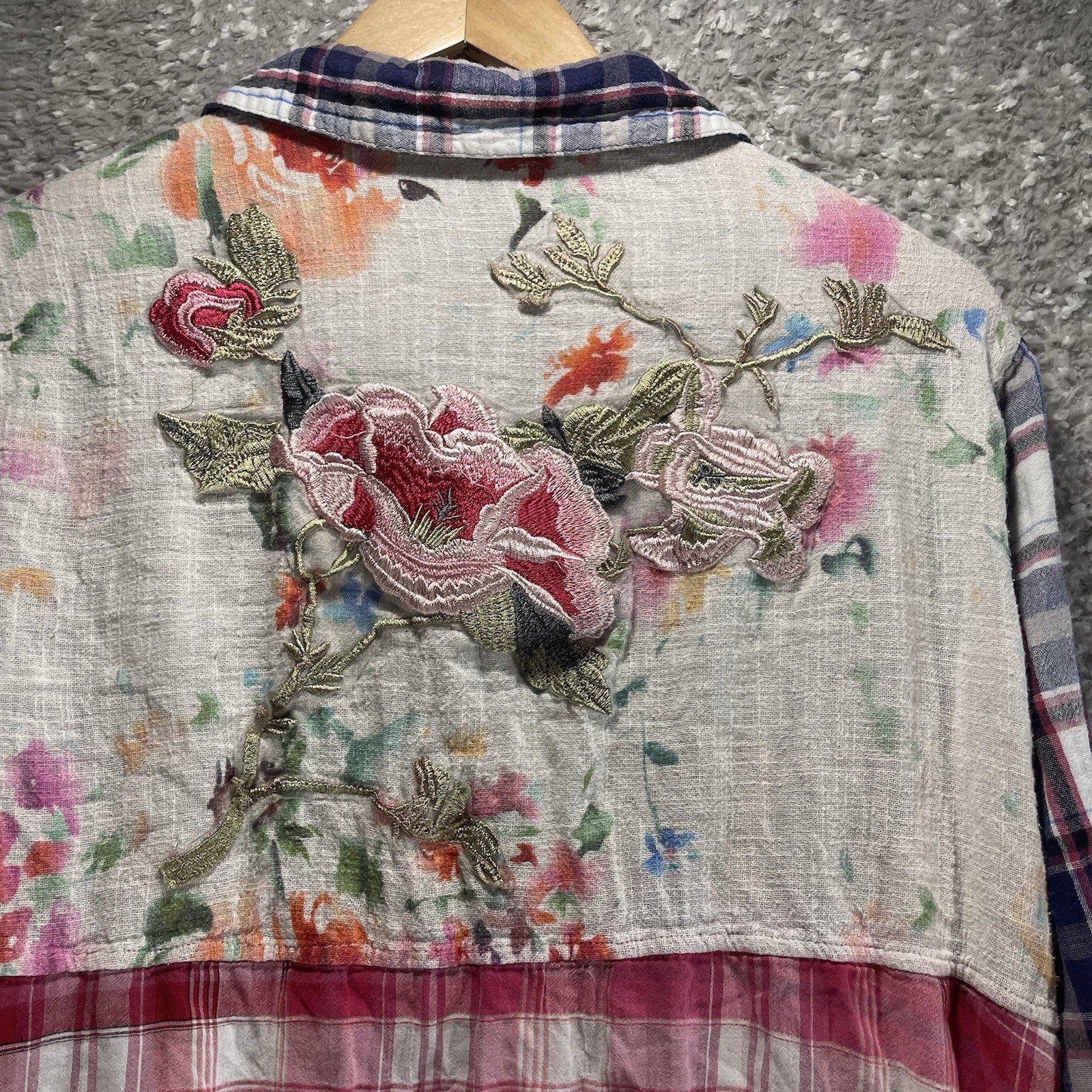 Philosphy Floral Embroidered Plaid Dress Roll Tab Sleeve M Cowgirl Festival