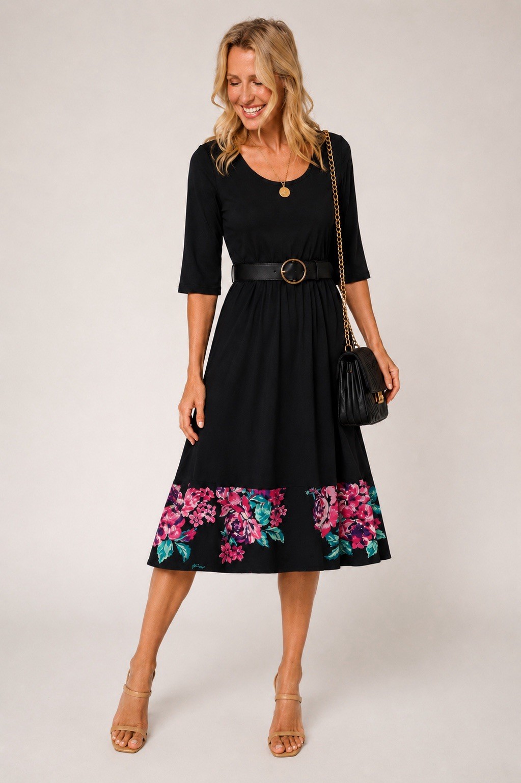 NWT Pioneer Woman XL 16-18 Black Floral Hem Knit Dress 3/4 Sleeve Rayon Stretch