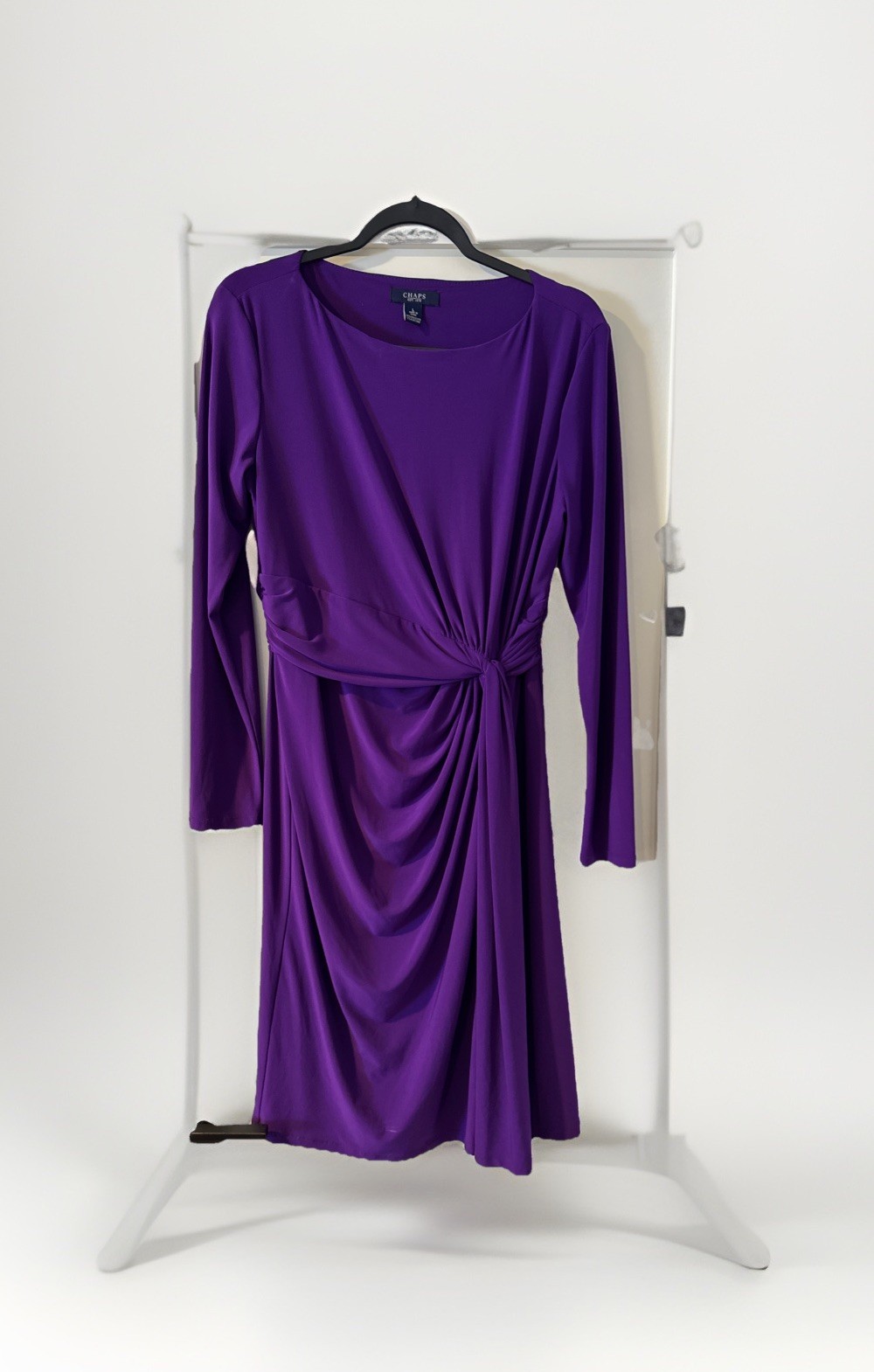 Champs Dress Large Deep Purple Ruched Long Sleeve Stretch Side Knot Sheath Fit
