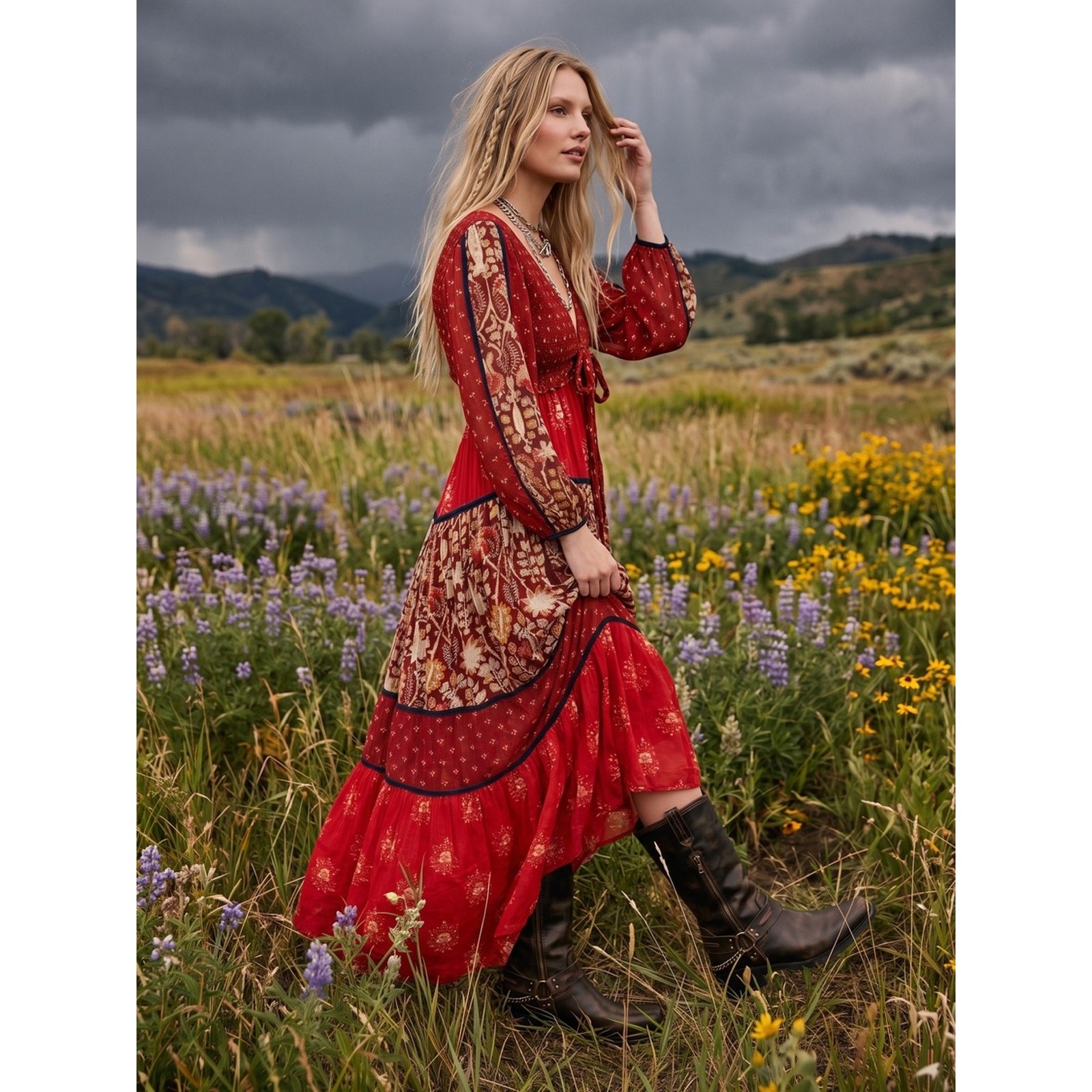 Free People Bohemian Gypsy Witchy Bali Laurel Maxi Dress Patchwork 70s Small