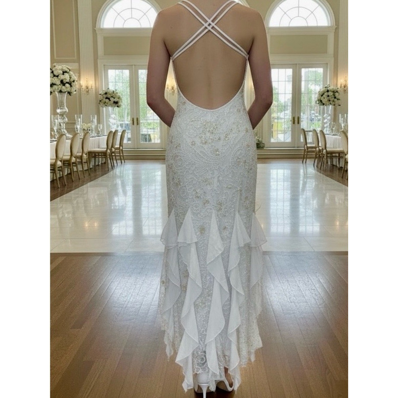 White hand Beaded Ruffle Backless Evening Dress. Power mesh stretch fabric.