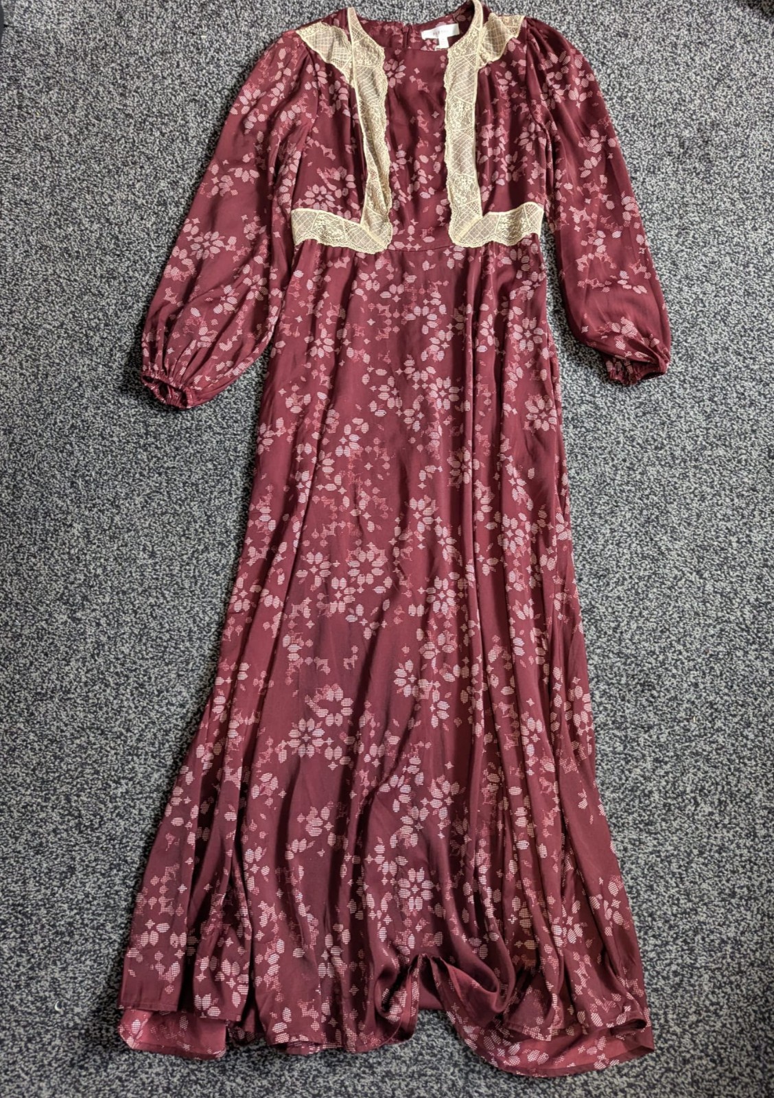 Per Una Maxi Dress Size 8 Burgundy Floral Lace Trim Satin Boho Peasant Prairie
