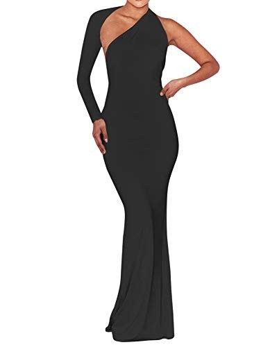 BEAGIMEG Womens Elegant One Shoulder Backless Evening Long Dress Black