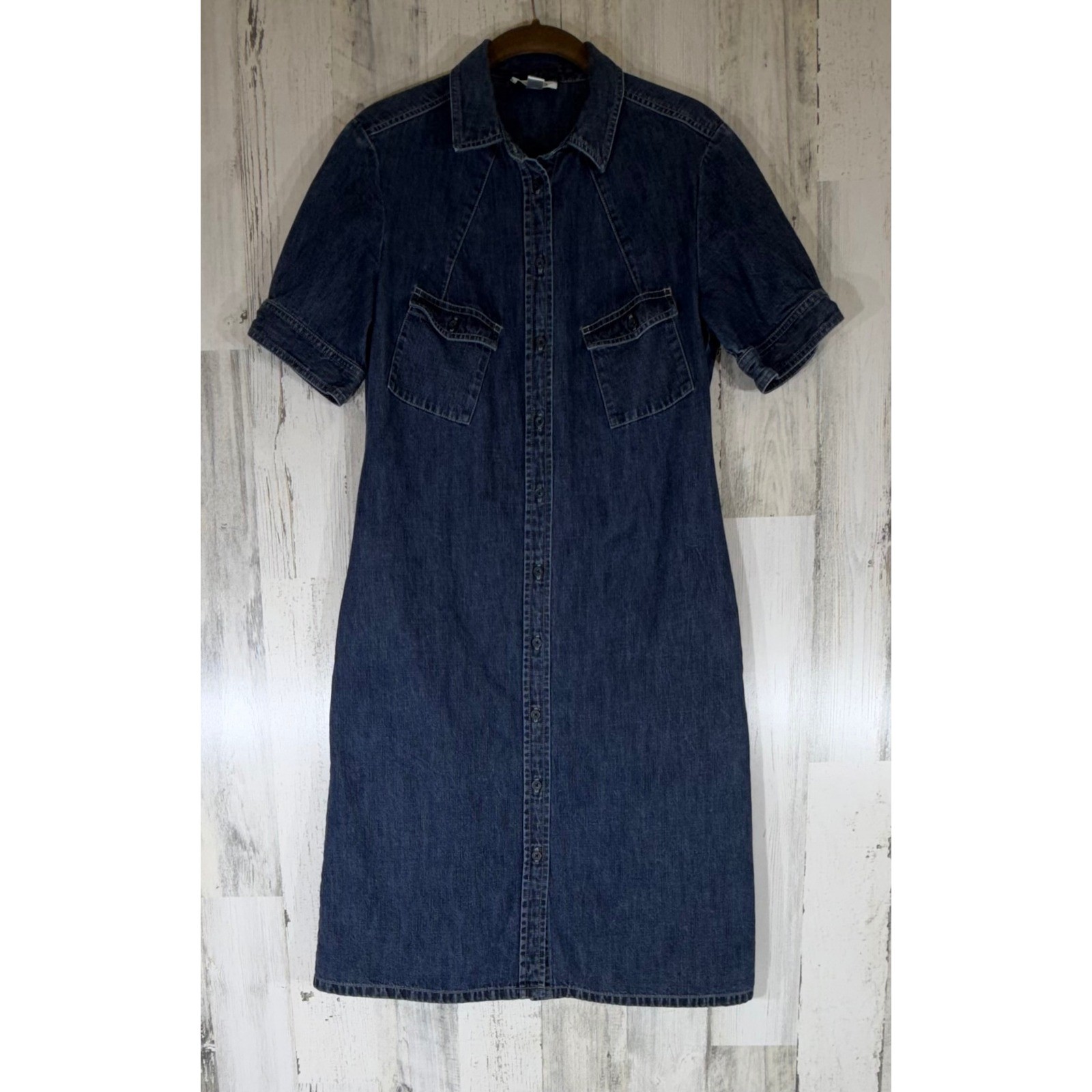 Talbots Denim Shirt Dress 4 Short Sleeve Cotton Chest Pockets Classic Timeless