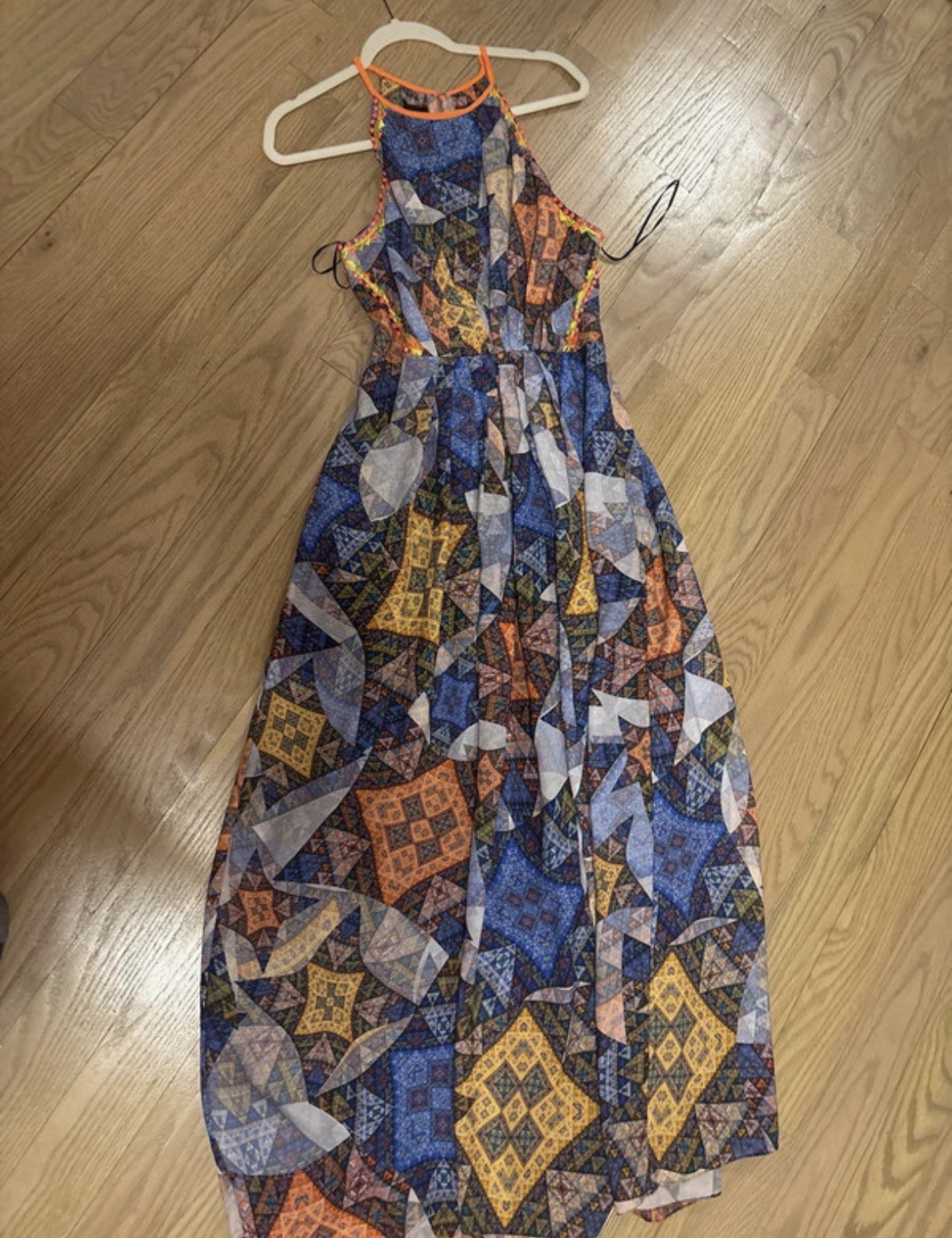 Ranna Gill Blue Orange Geometric Chiffon High Neck Maxi Dress Zip M