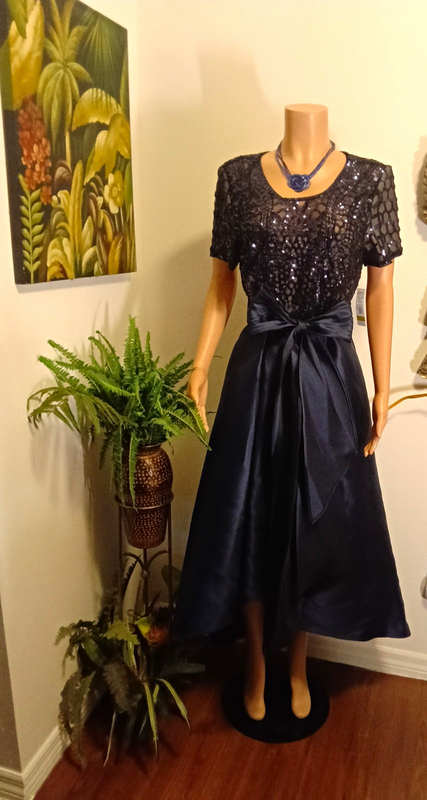 R&M Richards Navy Sequin Lace Maxi Dress Scoop Neck Short Sleeve Bow, 14