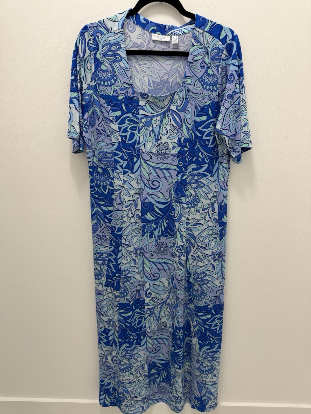 Susan Graver Passport Blue Floral Paisley Stretch Knit Midi Dress Large L