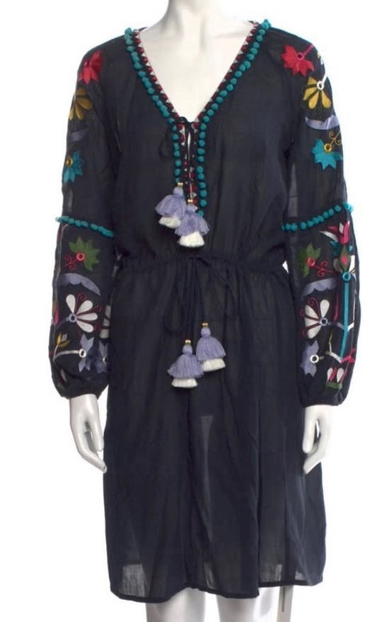 Figue Black Floral Embroidered V-Neck Tassel Tie Midi Dress Sz: XS