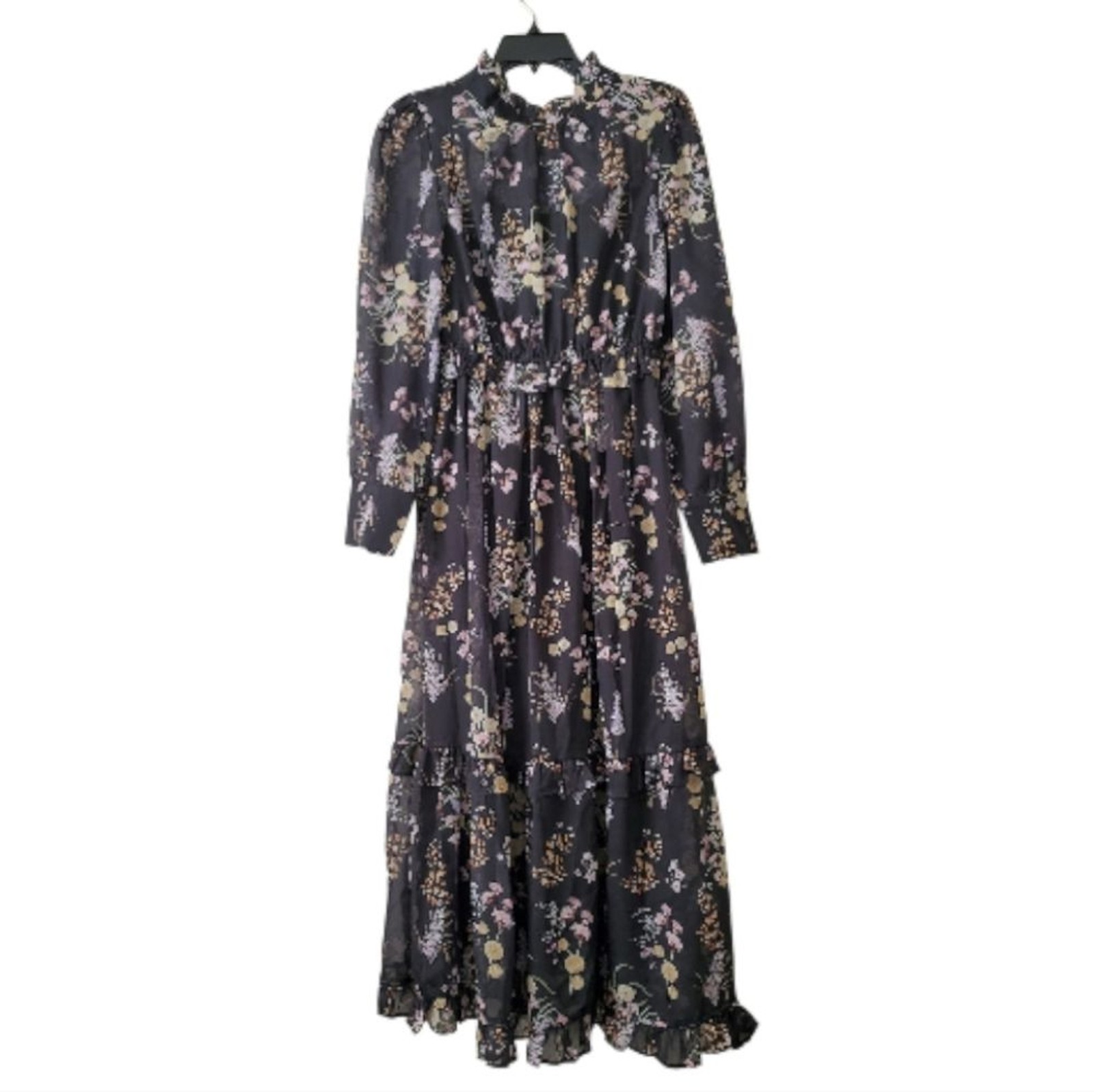 N by Nancy Black Floral Tiered Long Sleeve Ruffled Midi Dress Medium