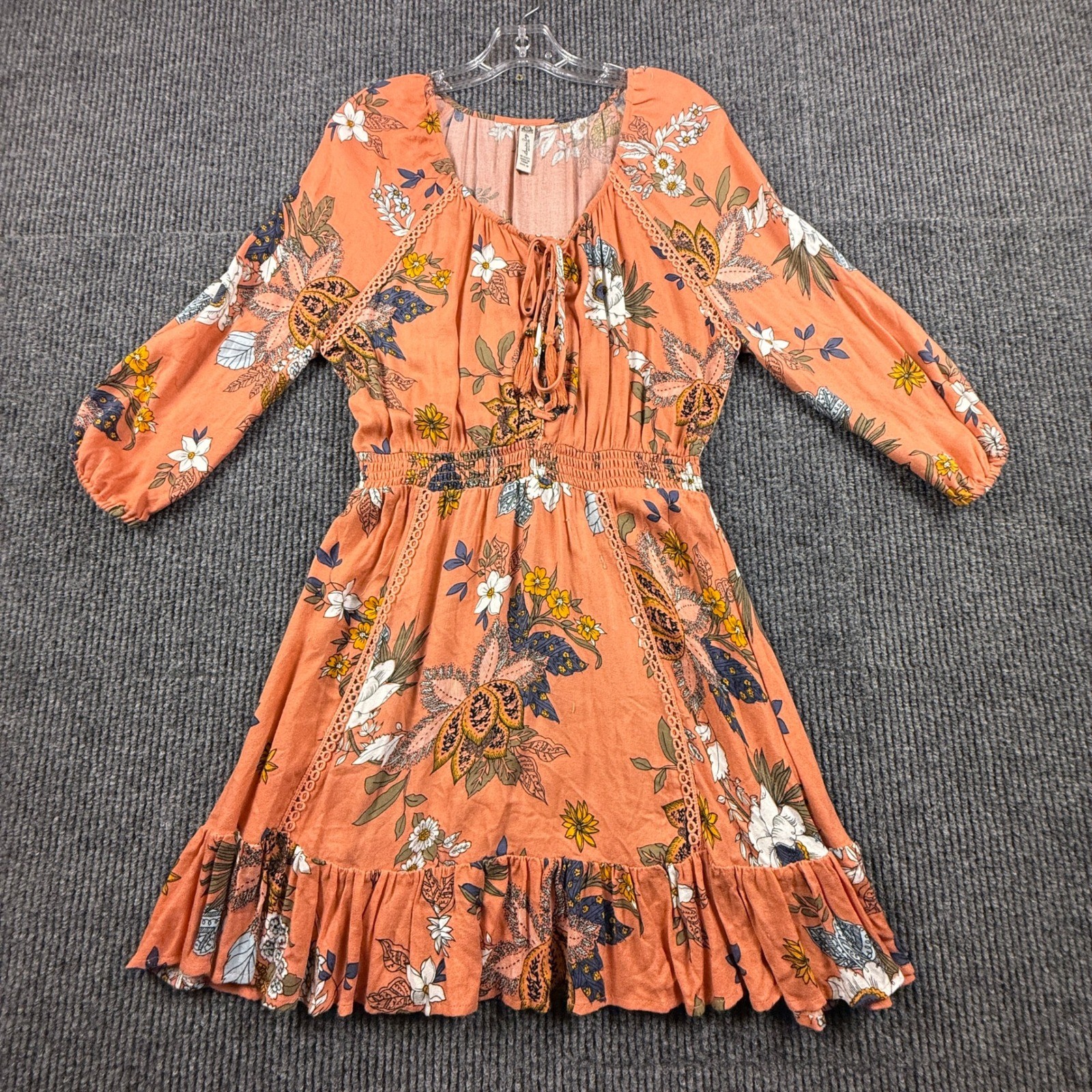 American Rag Womens Size Medium Orange Floral Lace Up Boho Mini Dress 9BW20