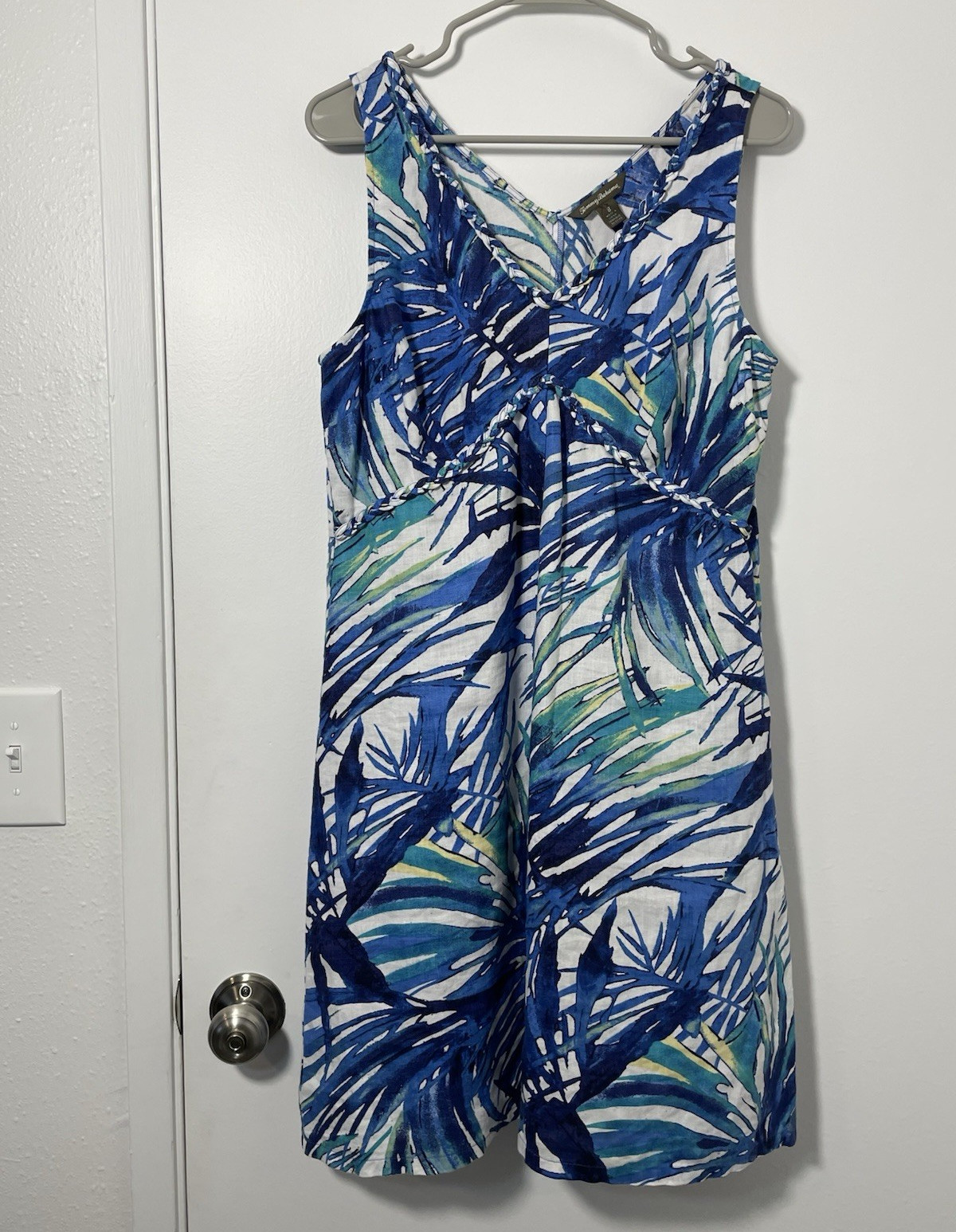 Tommy Bahama Blue White Green Tropical Floral Linen V-Neck Dress Size 8