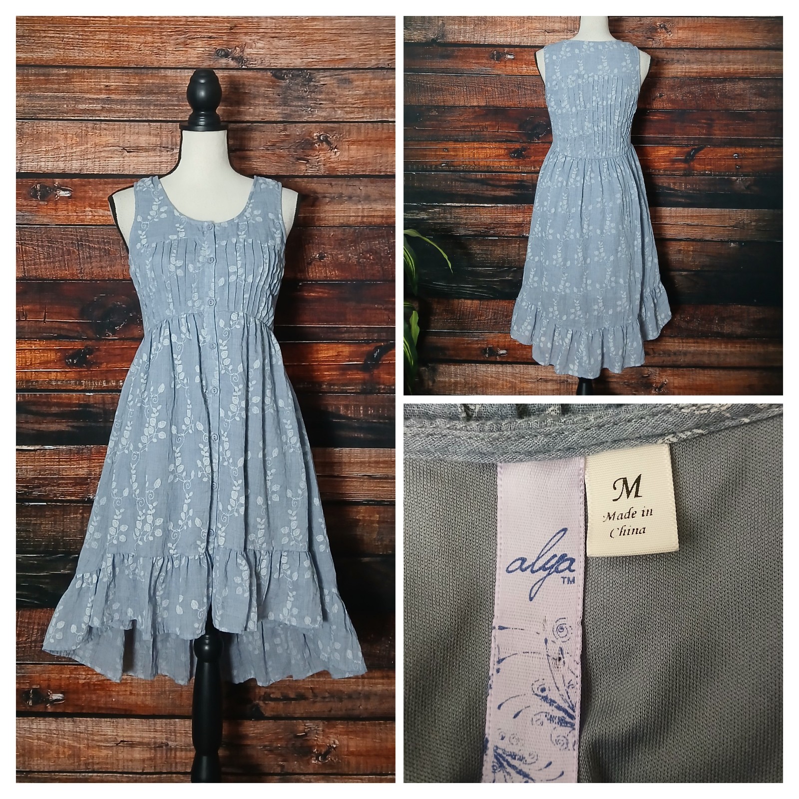 Alya Dress Size M Blue White Floral Embroidered Button Down Hi Low Hem Pin Tuck
