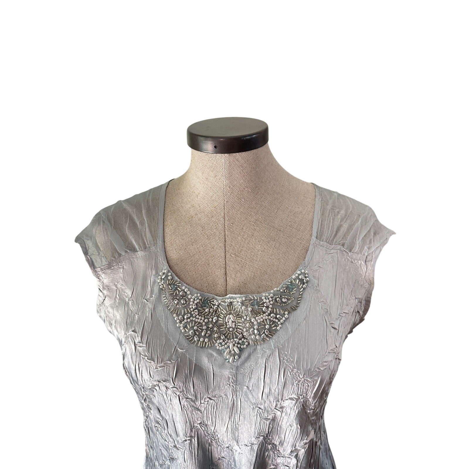 Komarov Crinkle Chiffon Dress Blue Gray Beaded Handkerchief Hem Fairycore Size L
