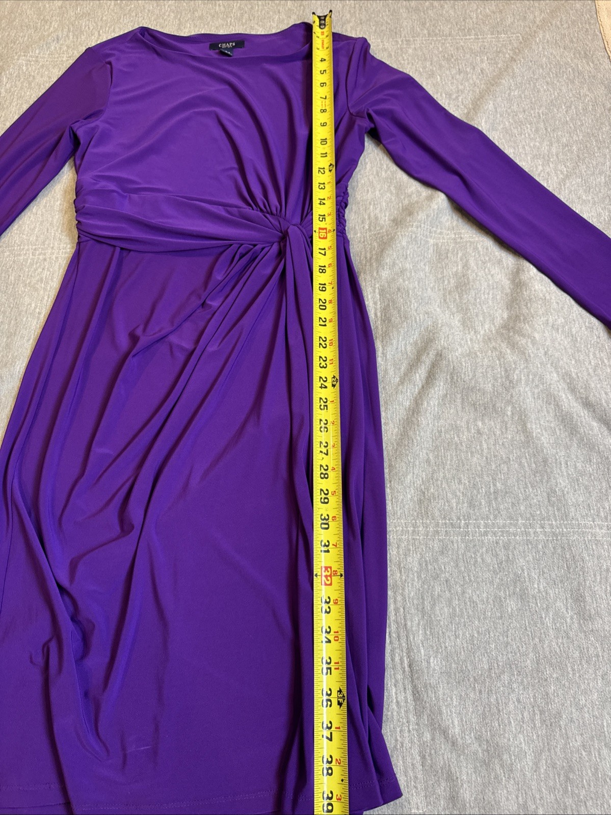 Champs Dress Large Deep Purple Ruched Long Sleeve Stretch Side Knot Sheath Fit