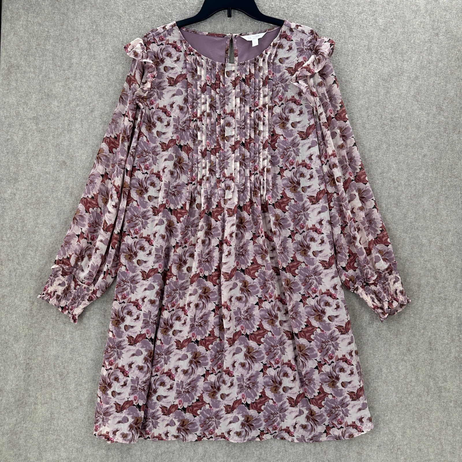 LC Lauren Conrad Chiffon Shift Dress 2X Purple Floral Pintuck Ruffle