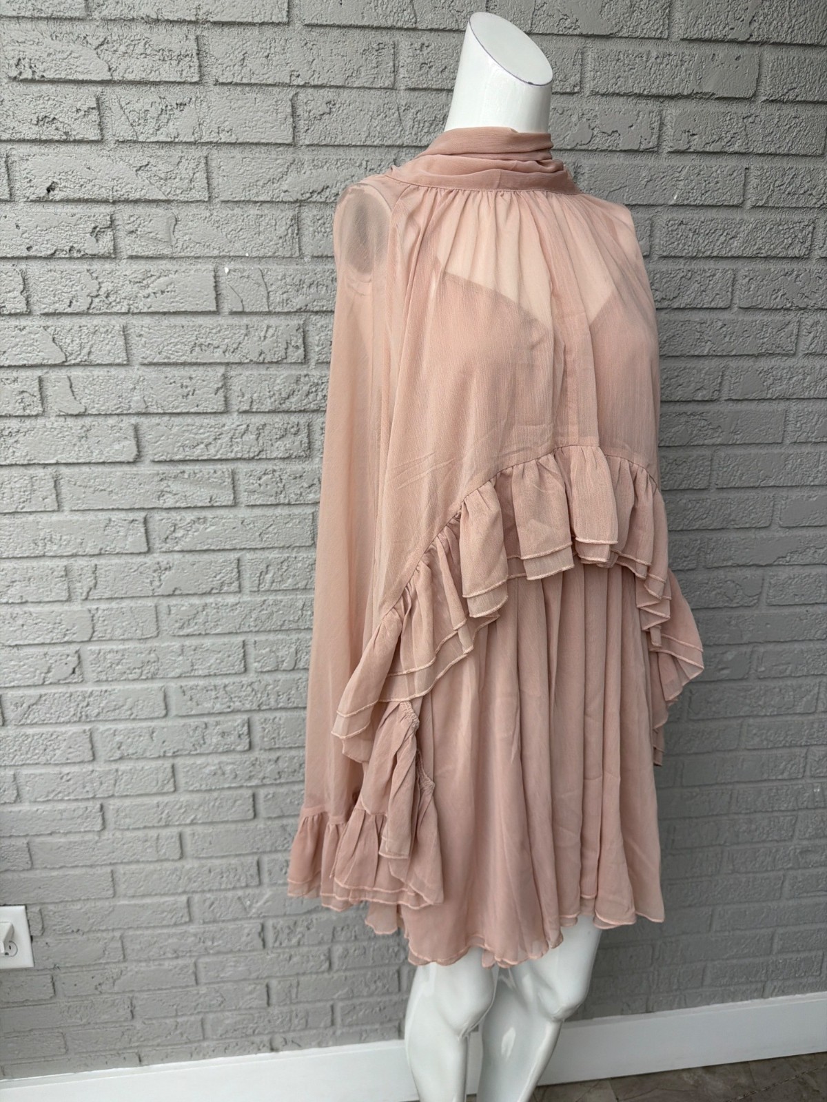 Commense Semi-Sheer Chiffon Ruffle 2PCS Dress with Capet Set Size L