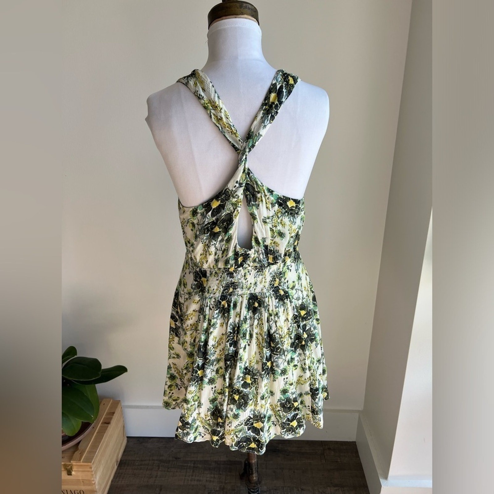 Free People Washed Ashore Floral Print Mini Dress Boho Ivory Green Women Size M