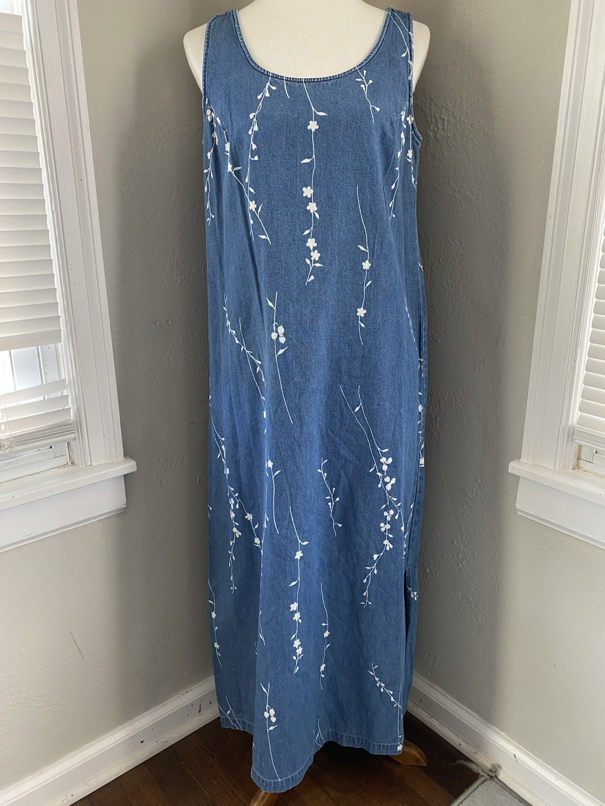 Vtg Denim Floral Jean Cottage Prairie Teacher-Core Mom Boho Western Maxi Dress