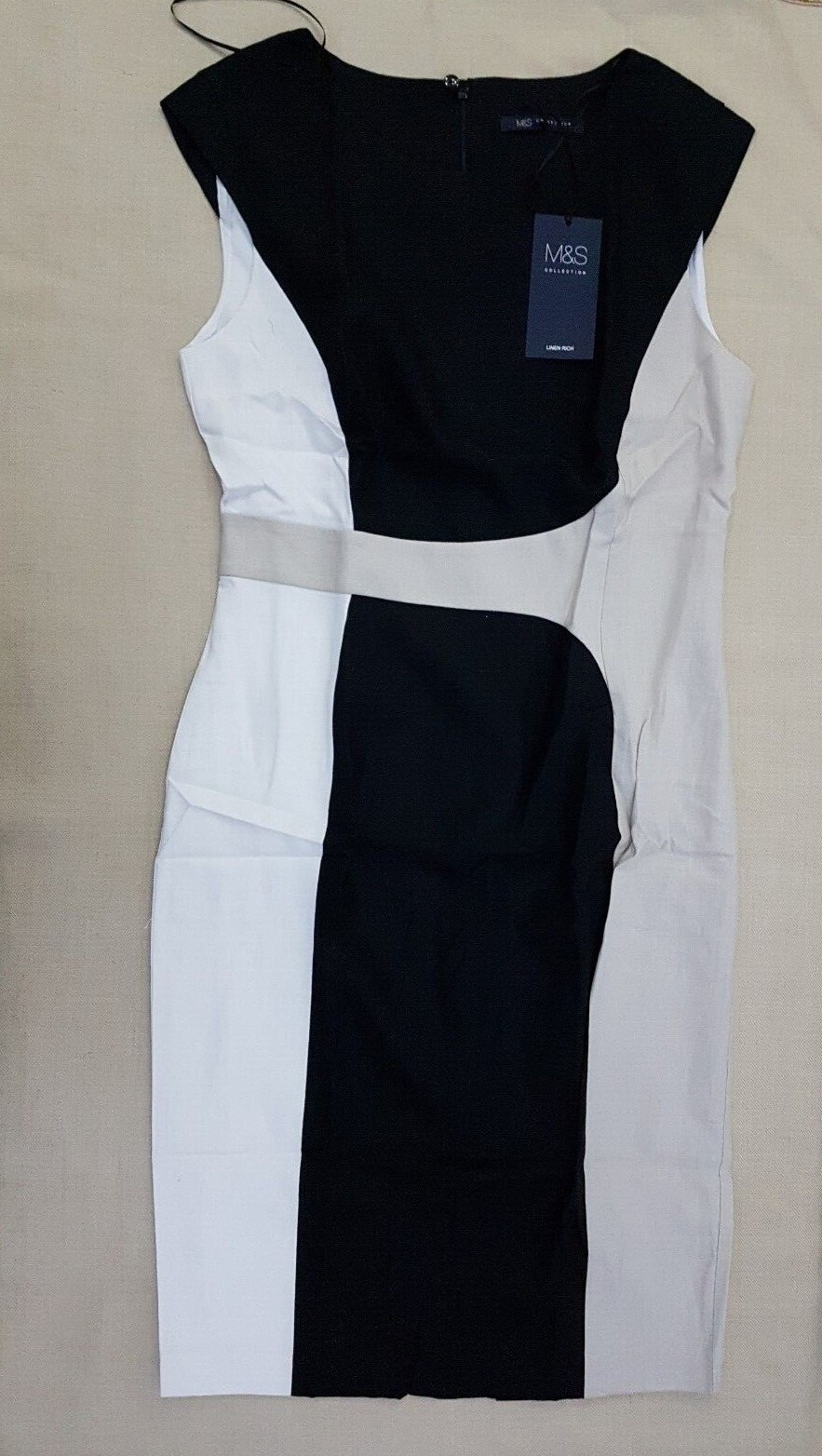 M & S Linen Blend Color Block Curved Seam Shift Dress ~Sizes 10 12 14 16 18 22~