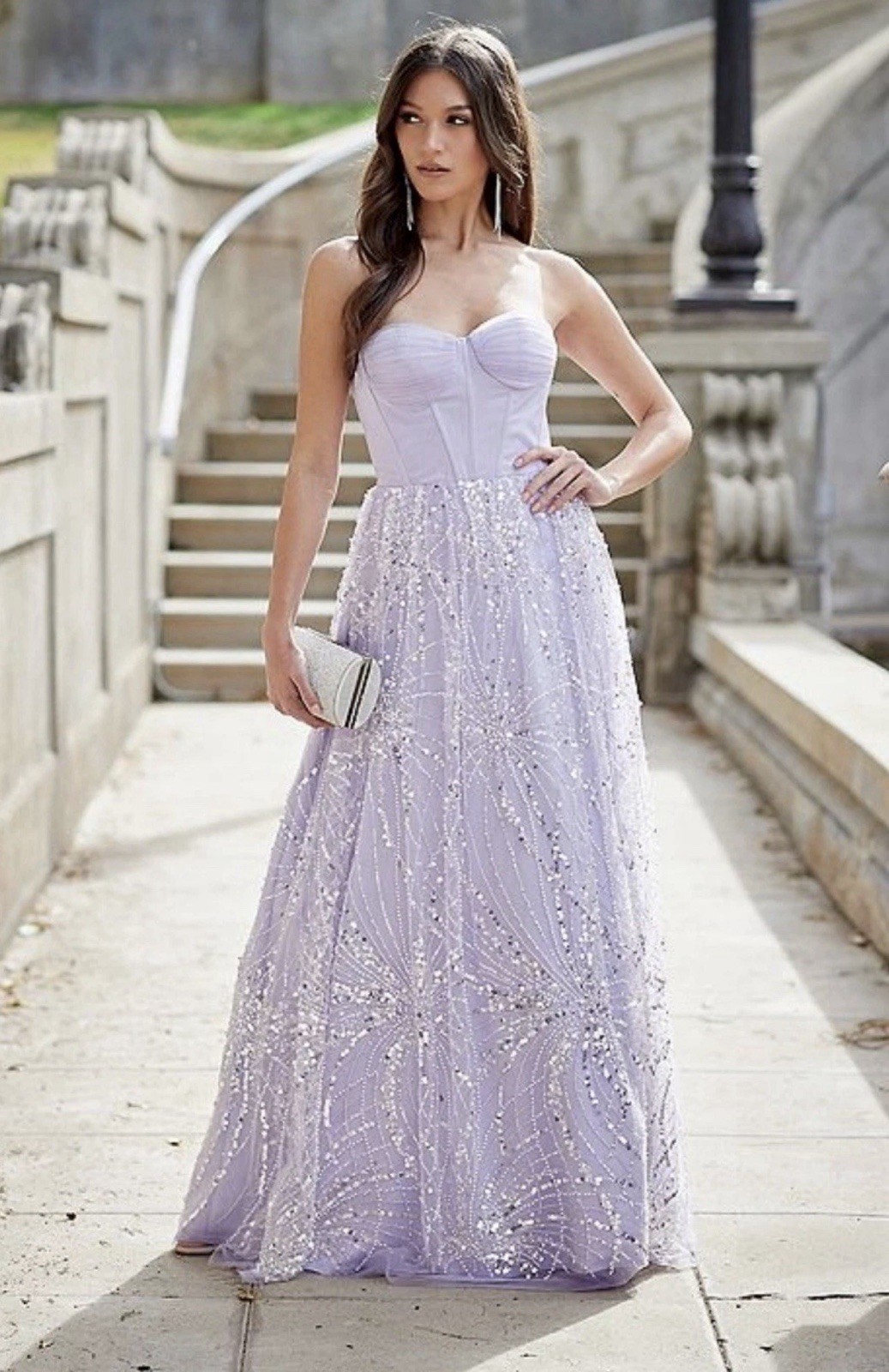 VIOLET WEEKEND JUNIORS’ SEQUIN PEARL CORSET GOWN- LILAC, SIZE-17/18
