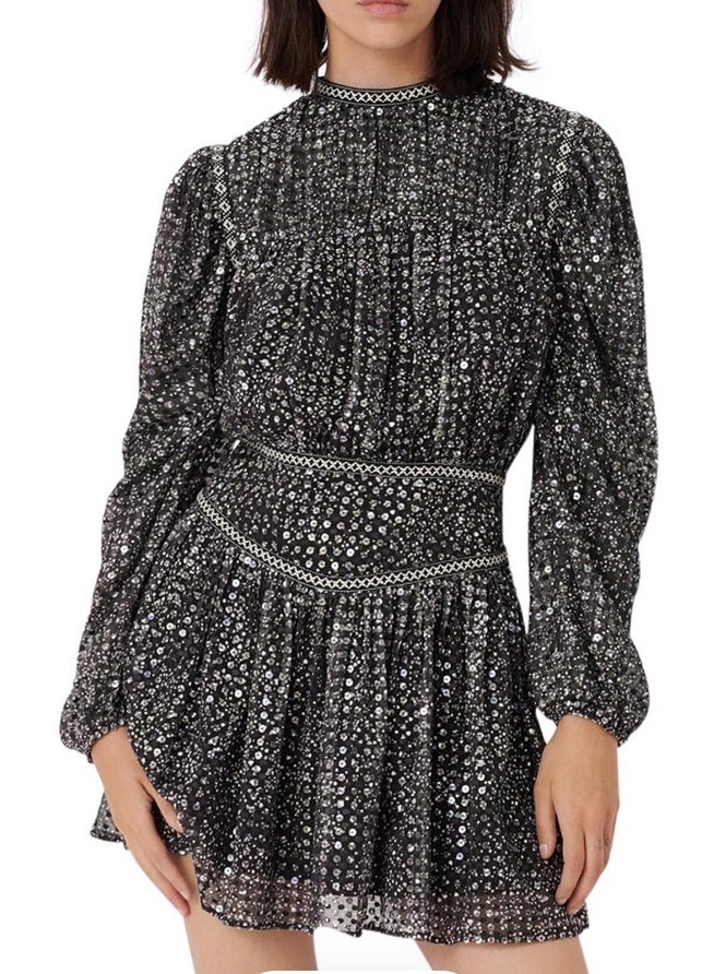 NWT Maje Remix Dress Sz 38 M Black Silver SEQUINS Whimsigoth Puff Sleeve Armour