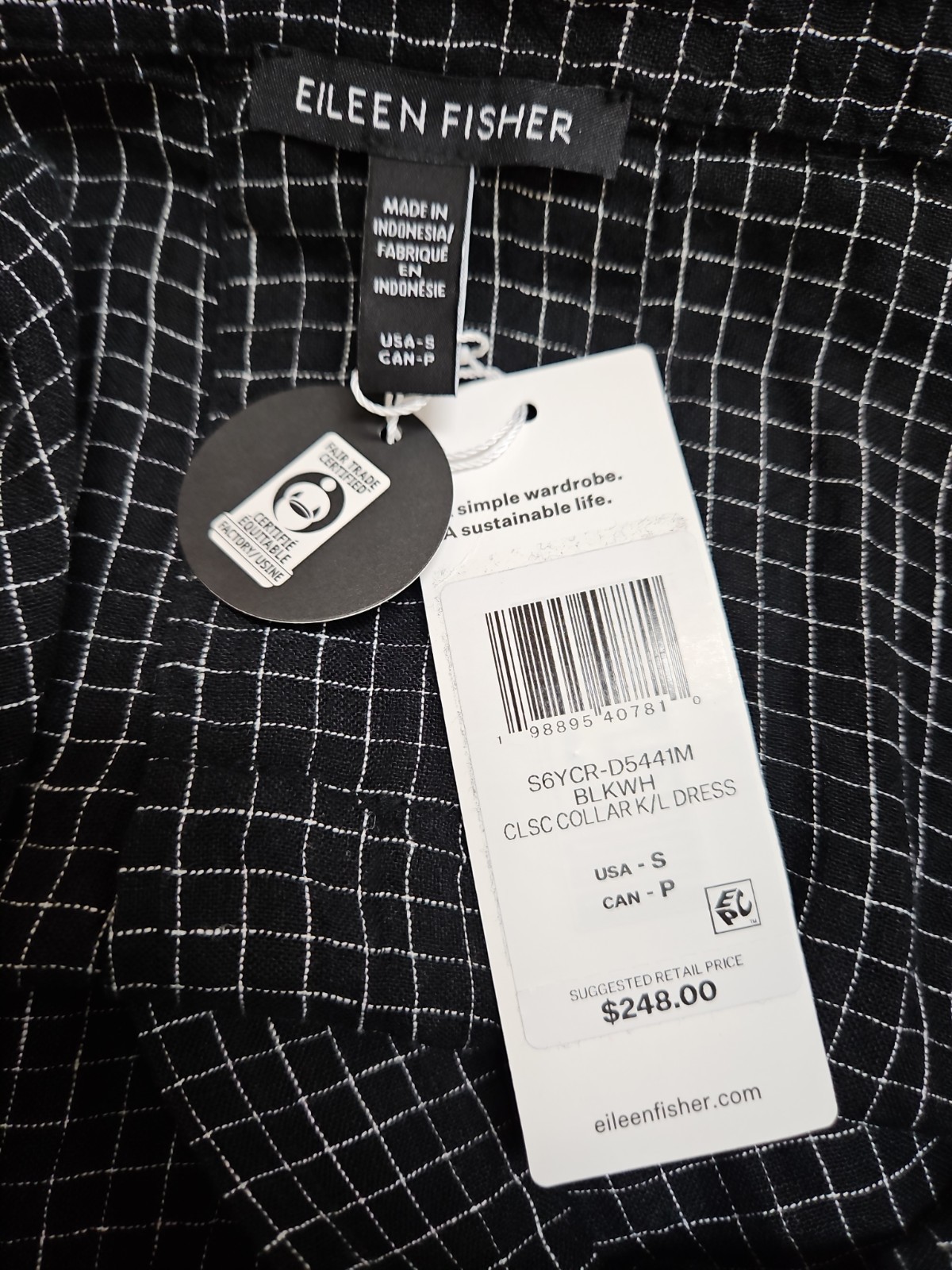New Eileen Fisher Puckered Linen Grid Classic Collar Dress Black/White Sz S