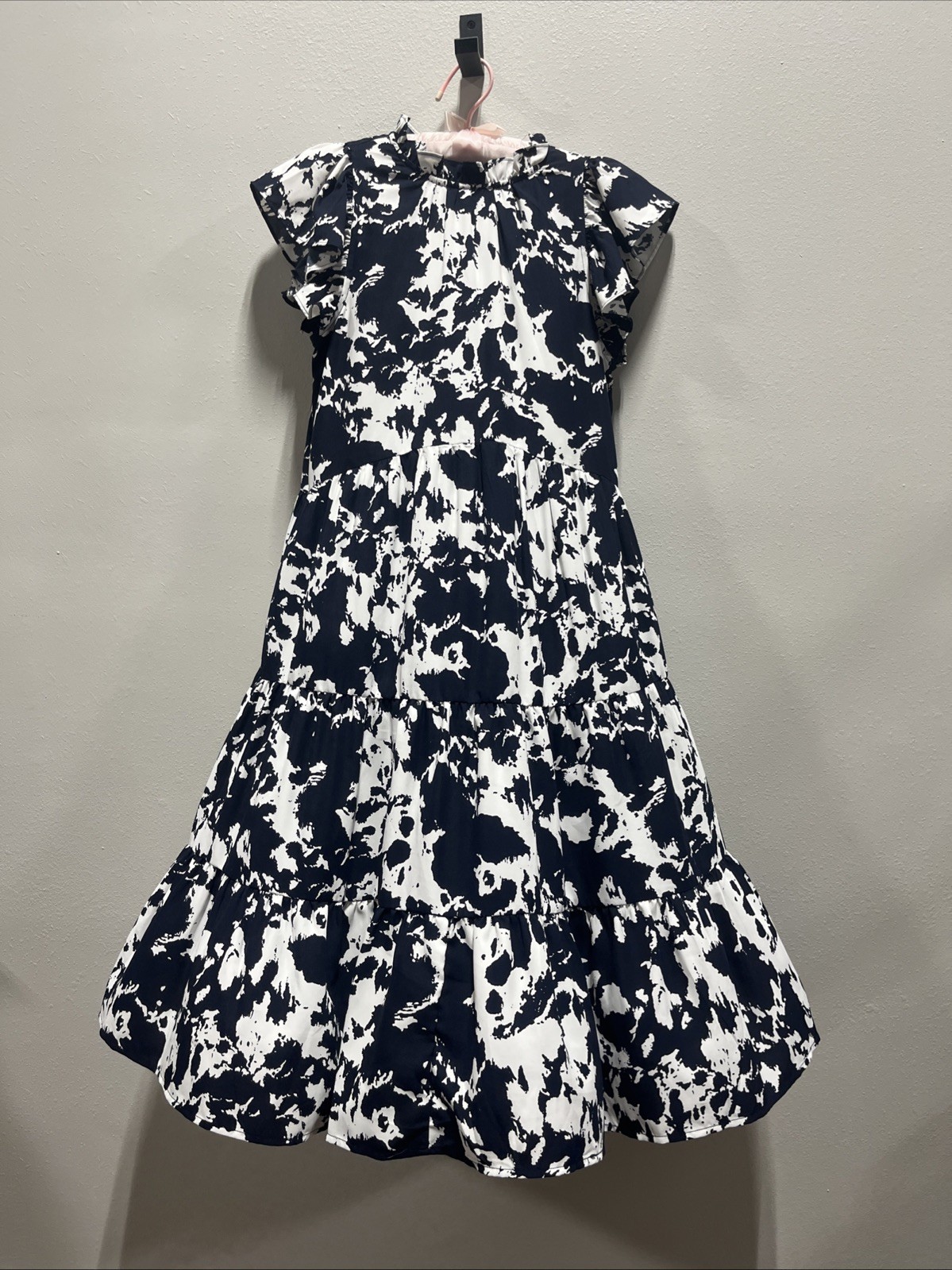 Pinch Tiered Tunic High Neck Midi Ruffle Dk Blue/White Dress Flutter Sleeve Sm