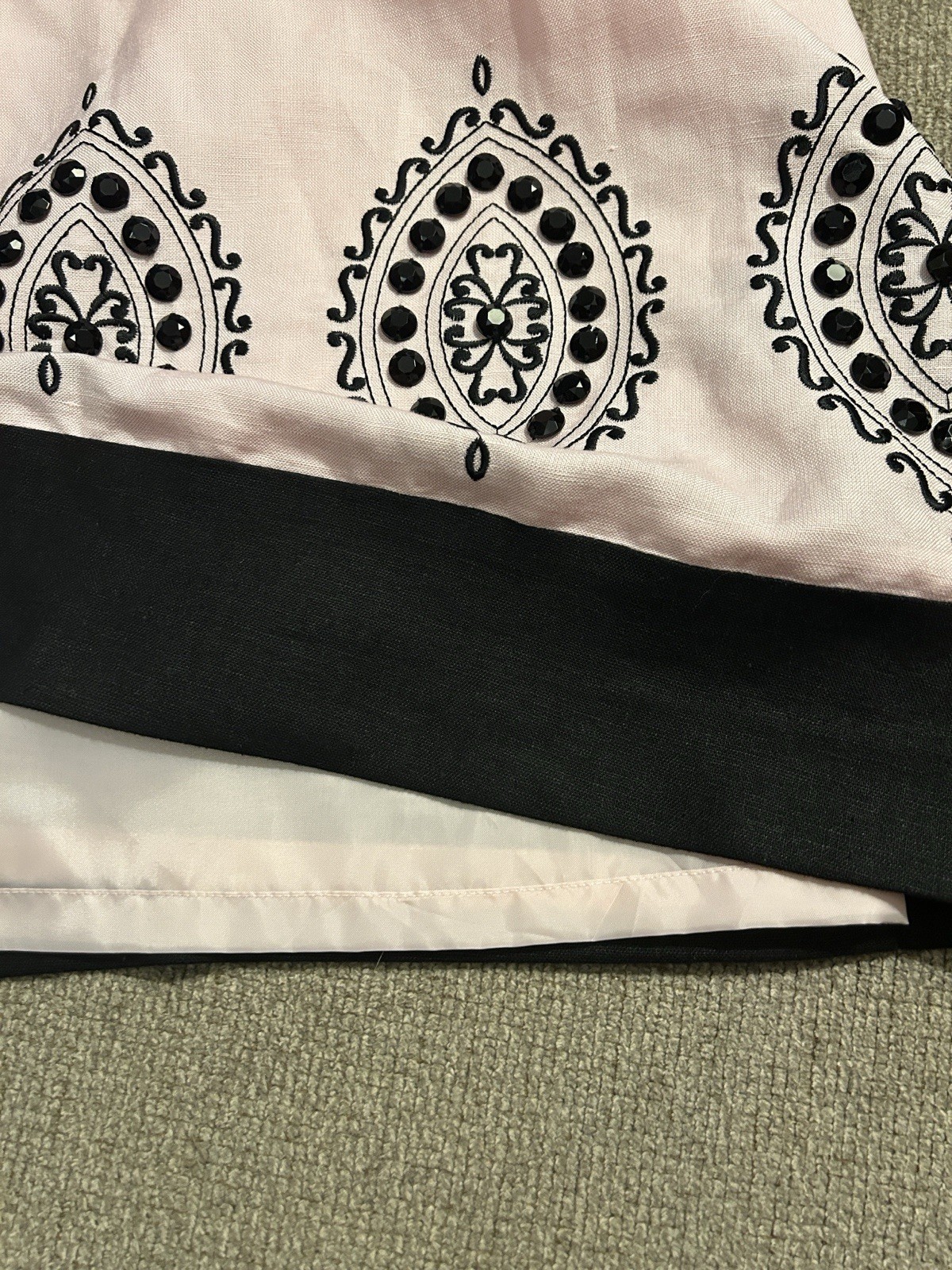 J Howard Pink W/ Black Embroidery Sequin Trim Shift Linen Sleeveless Dress SZ 14
