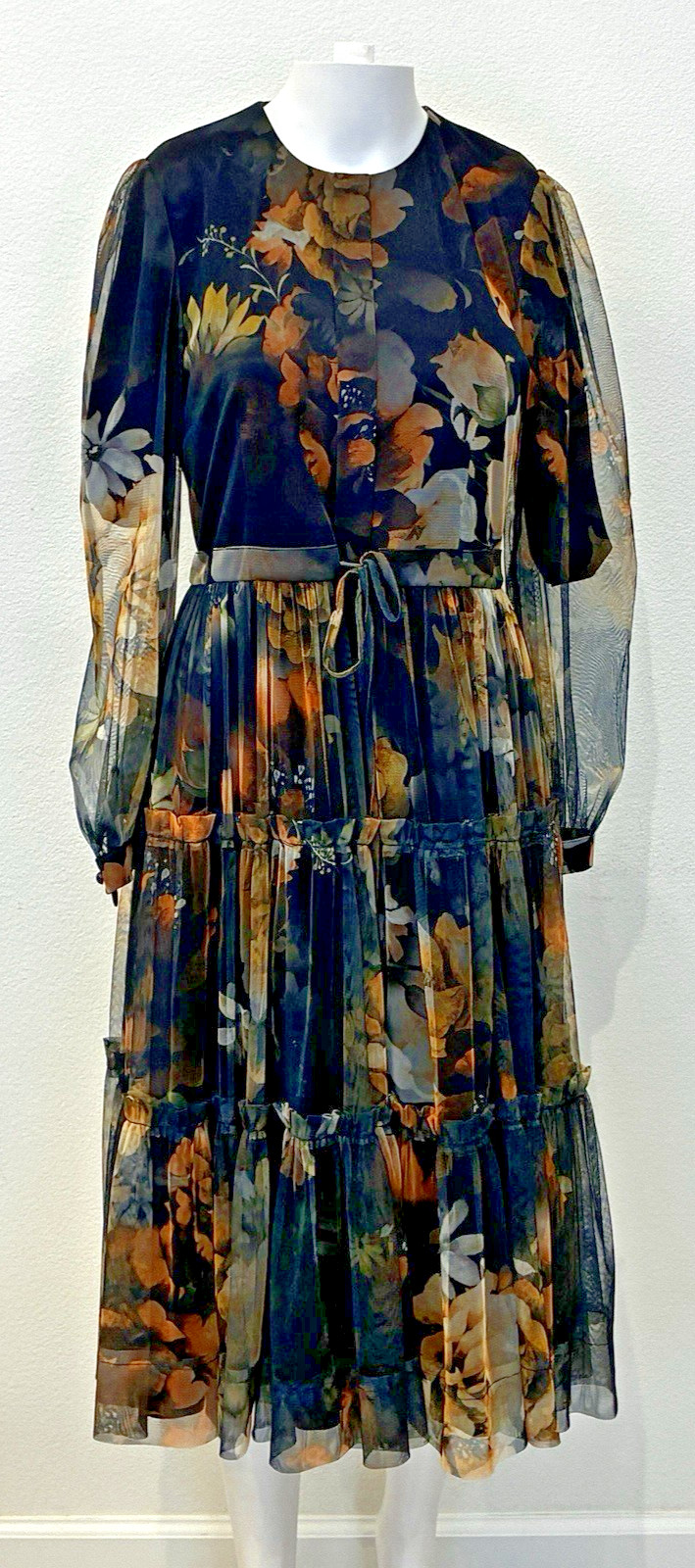 Dark Romance Floral Sheer Mesh Overlay Tiered Maxi Dress Size C & M Collection