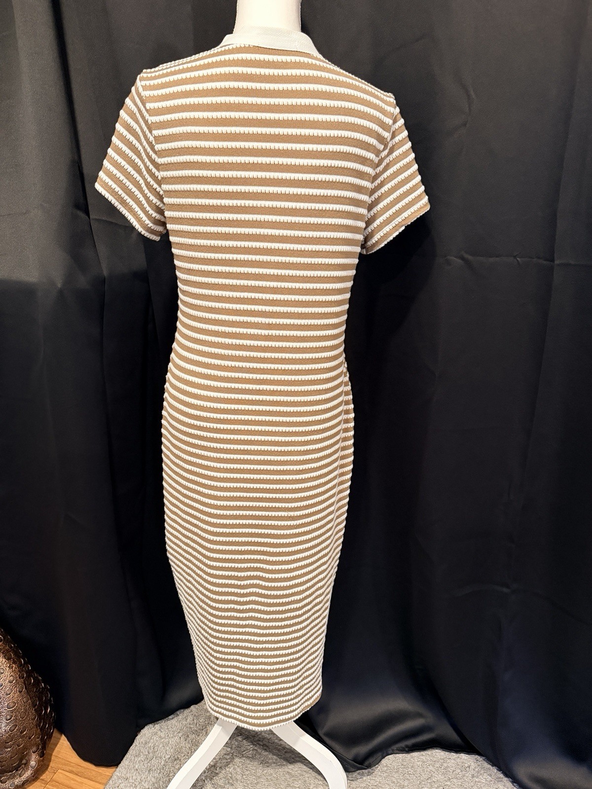 BTFBM Brown White Striped Knit Button Front V-Neck Midi Bodycon Dress M