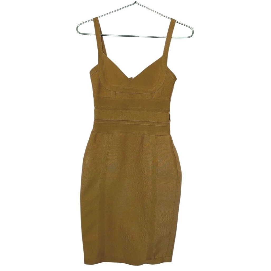 Herve Leger Mustard Bronze Bodycon Mini Dress Zip Back Party Gatsby French Girl