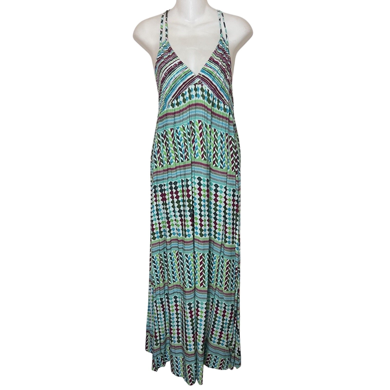 Mahina Halter Beaded Viscose Maxi Dress Green Blue White Red Black Sz Medium