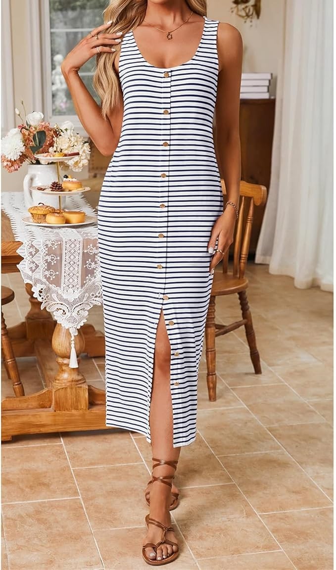 SHEIN Blue and White Striped Gold Button Front Sleeveless Dress Casual U Neck S