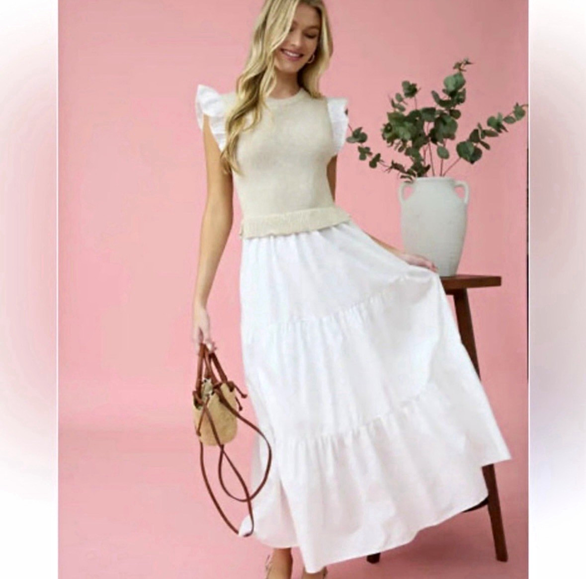 Anthropologie By the River Maxi Dress S Beige/White Knit Crew Neck Ruffle Tiered