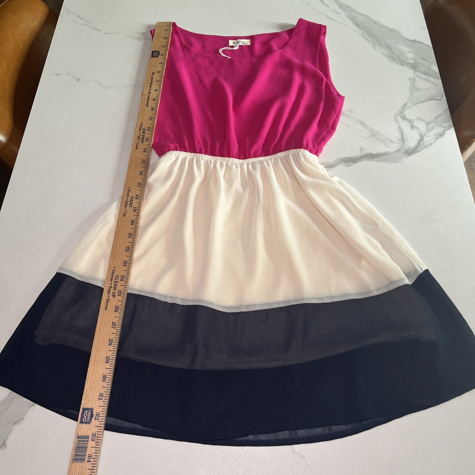 NWT In Style Pink Ivory Blue Color Block Dress Sleeveless Pullover Size Small