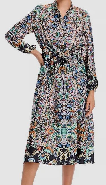 T Tahari Women’s Green Garden Mandarin Collar Long Sleeve Self Tie Dress Size L