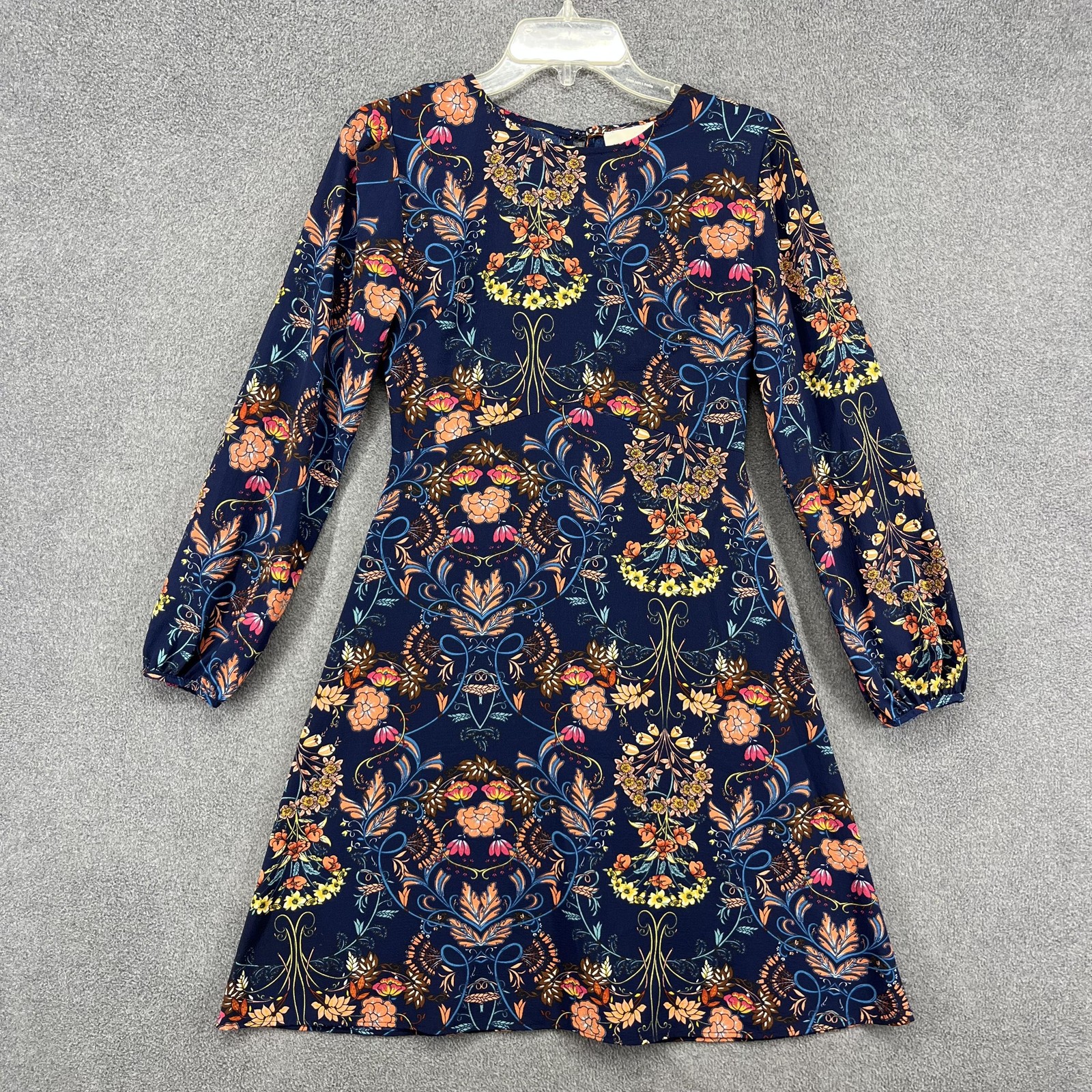 I.Madeline Dress Womens XS Navy Blue Floral Long Sleeve Retro Mod Boho Mini Fall