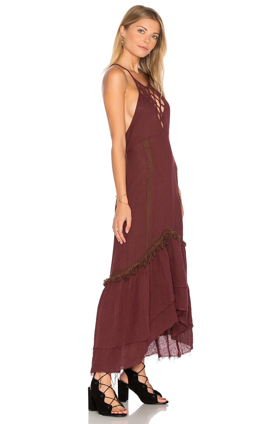 NWT~SOME DAYS LOVIN~Eggplant CROCHET & FRINGE Macrame BOHO Linen DRESS~S~NEW!