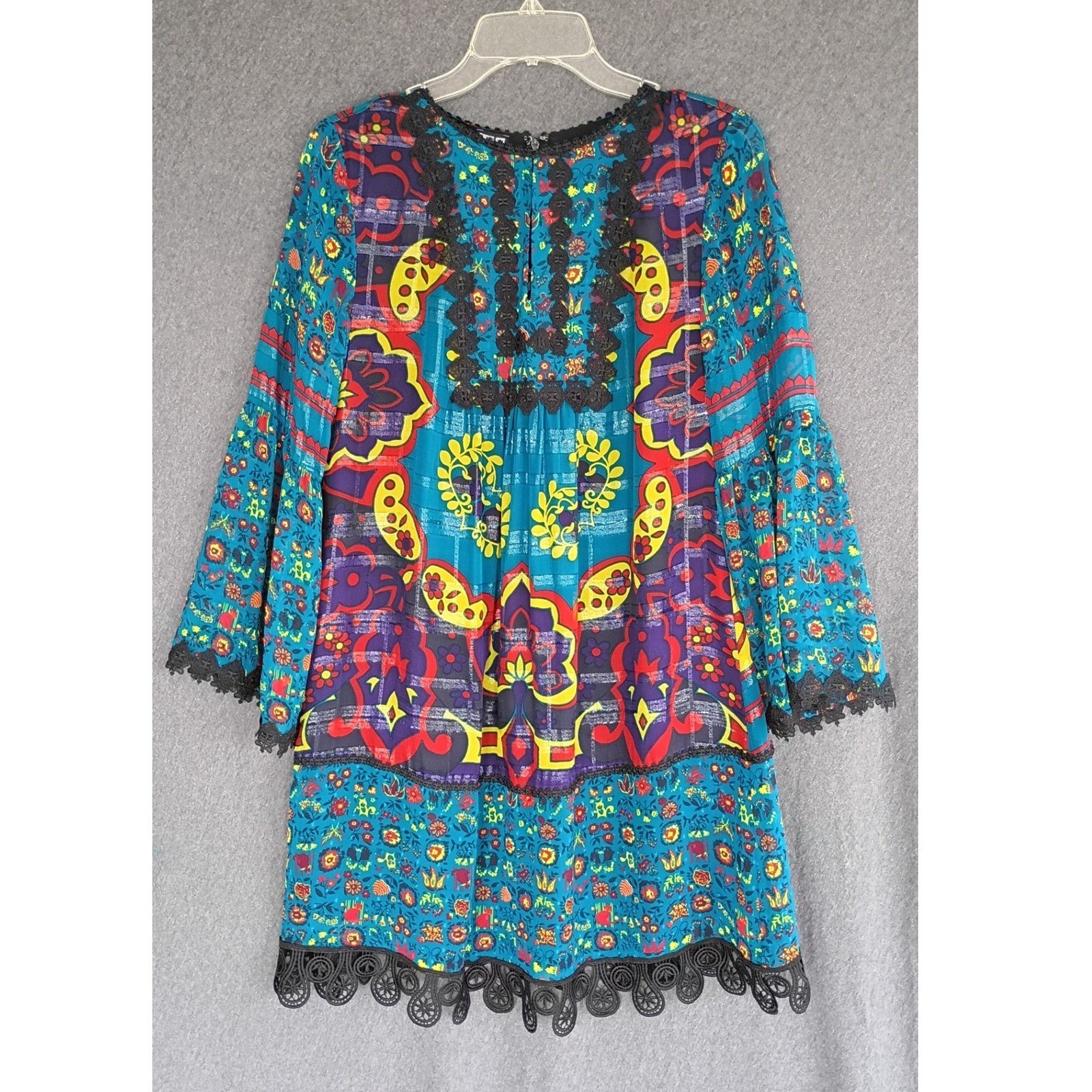 Anna Sui Teal Blue Boho Floral Crochet Lace Bell Sleeve Dress S Silk Details