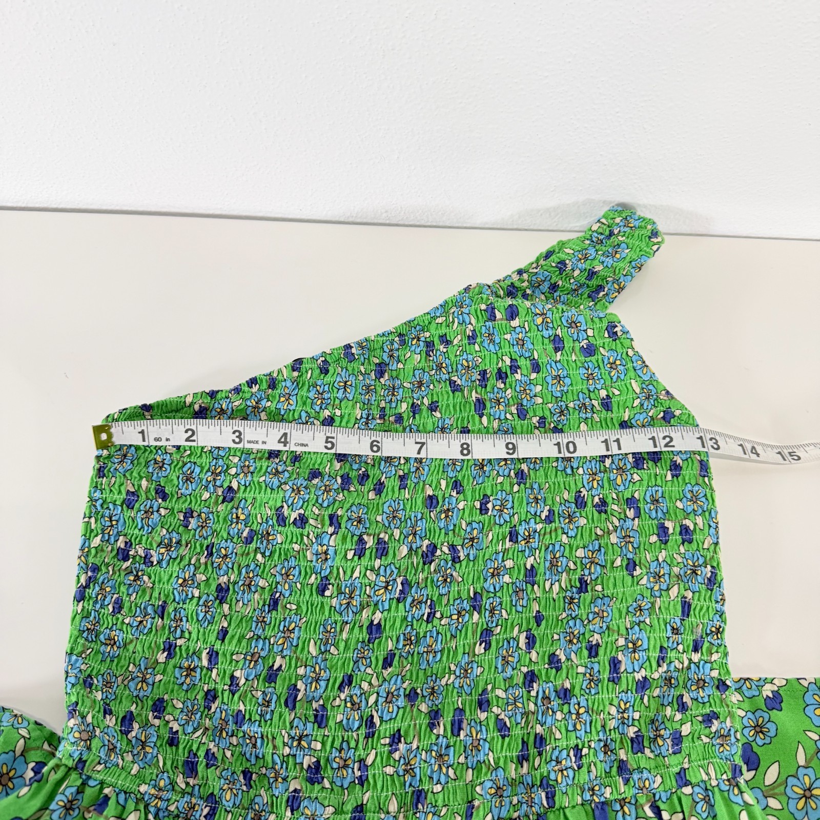 ZCSIA Smocked Floral One Shoulder Tiered Floral Green Midi Dress Size S