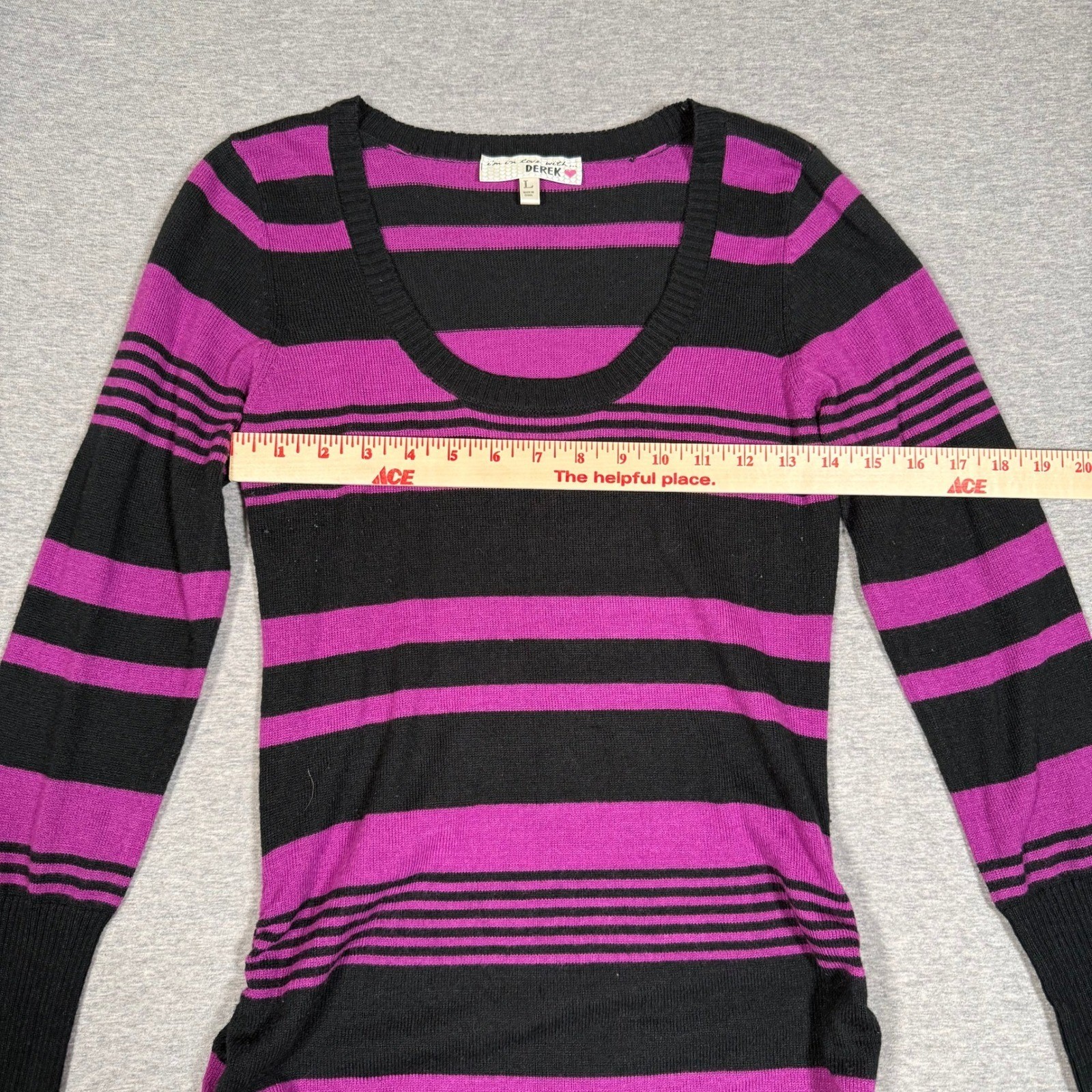 Derek Heart Im In Love Purple Black Striped Ruched Long Sleeve Sweater Dress L