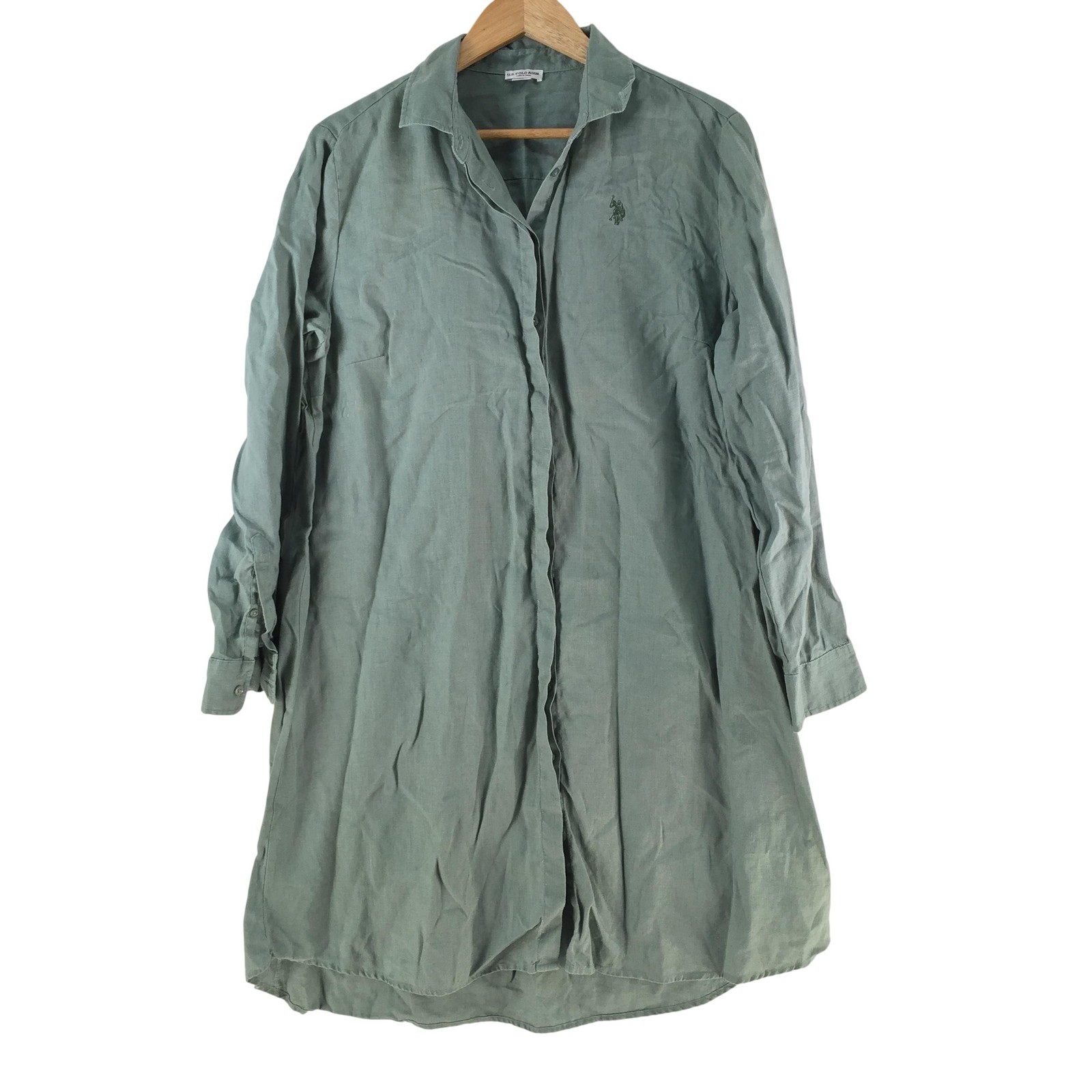 US Polo Assn Shirt Dress Womens XL Green Collared Long Sleeve Linen Knee 133422