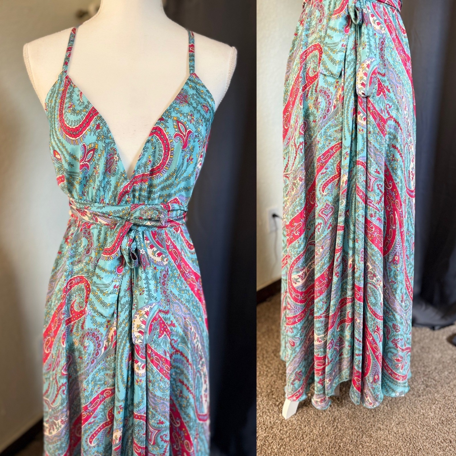 Advance Maxi Dress Womens One Size Teal Pink Paisley Silk Blend V-Neck Open Back
