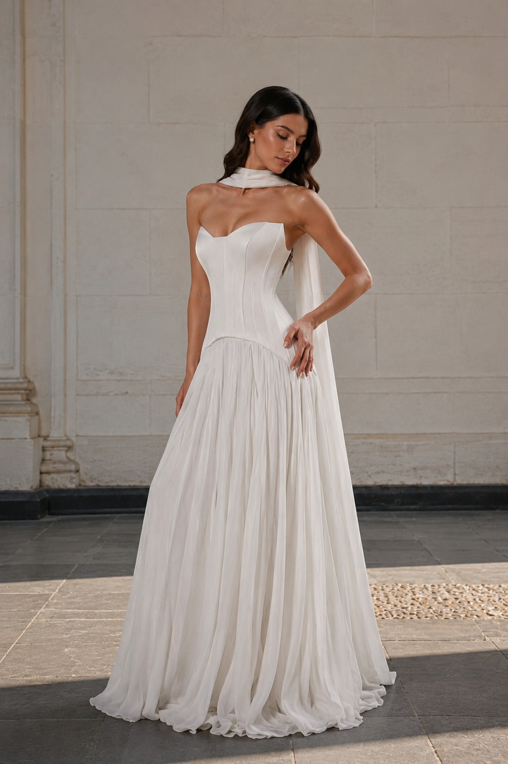 Women’s White Strapless Corset Chiffon Wedding Dress Bridal Maxi Gown