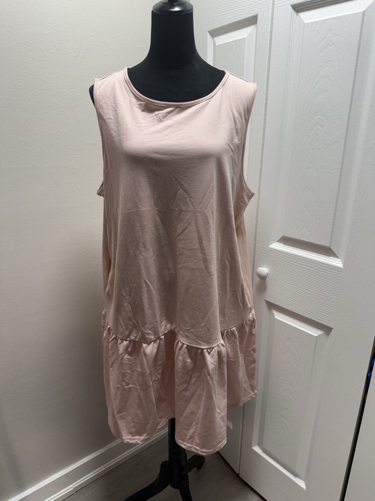 PrettyGarden Pink Solid Maxi Dress Round Neck Sleeveless Ruffle Pockets XXL