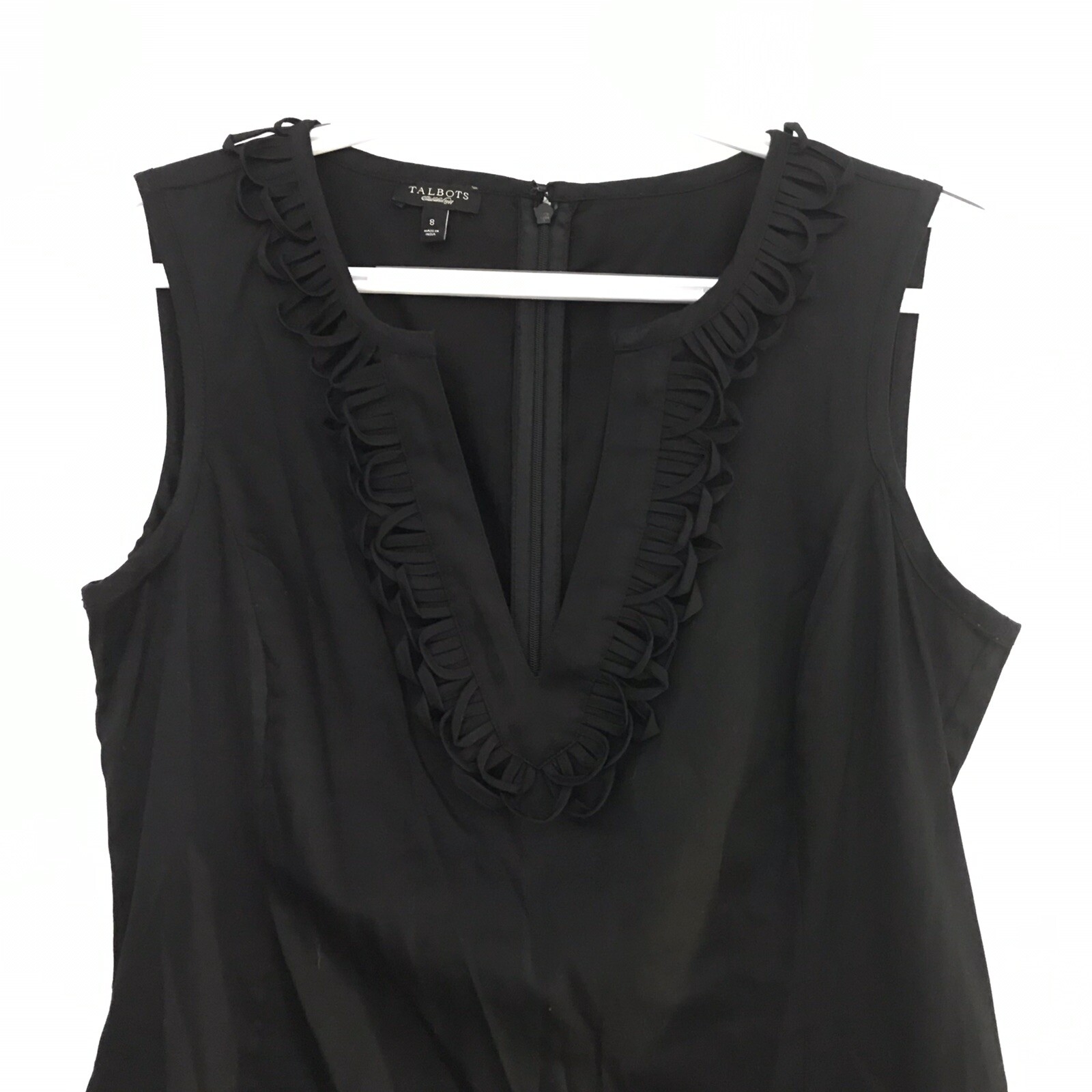 Talbots Womens Sleeveless Dress 8 Black V Neck Belt Ruffle Zip Back Hook Close