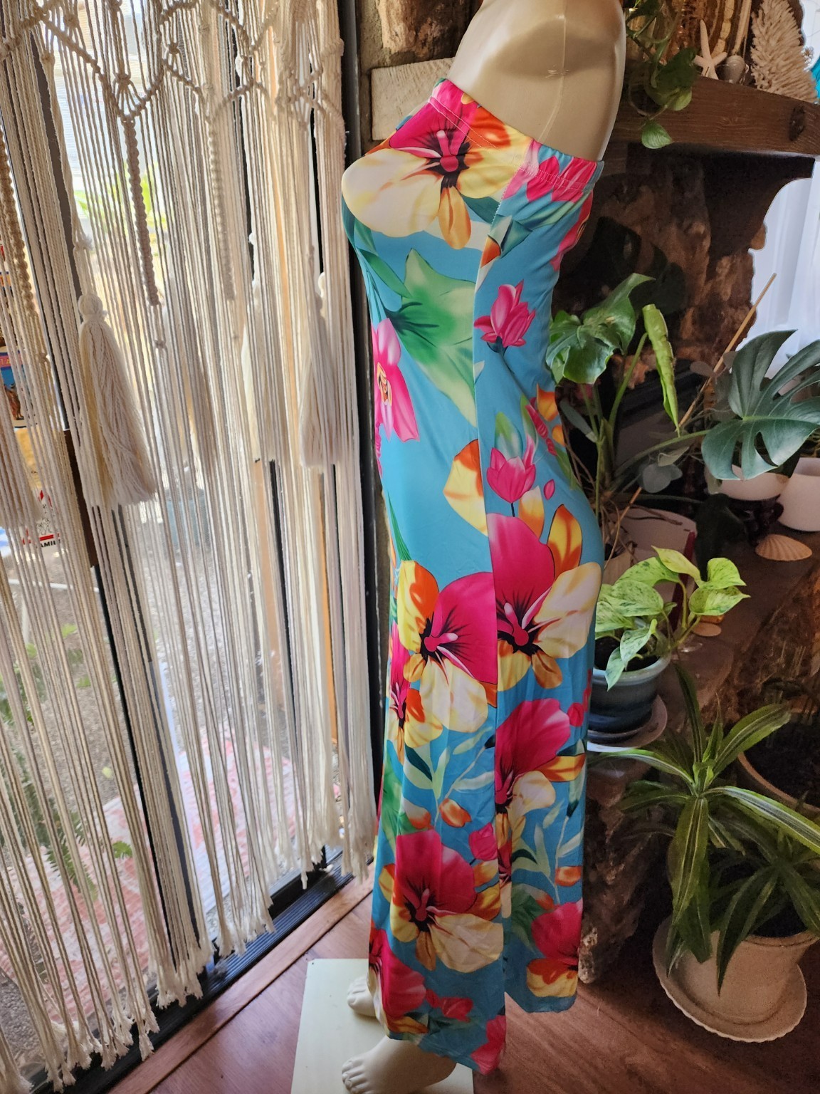 Women’s M Strapless Tropical Floral Maxi Dress Blue Pink Wrinkle Resistant