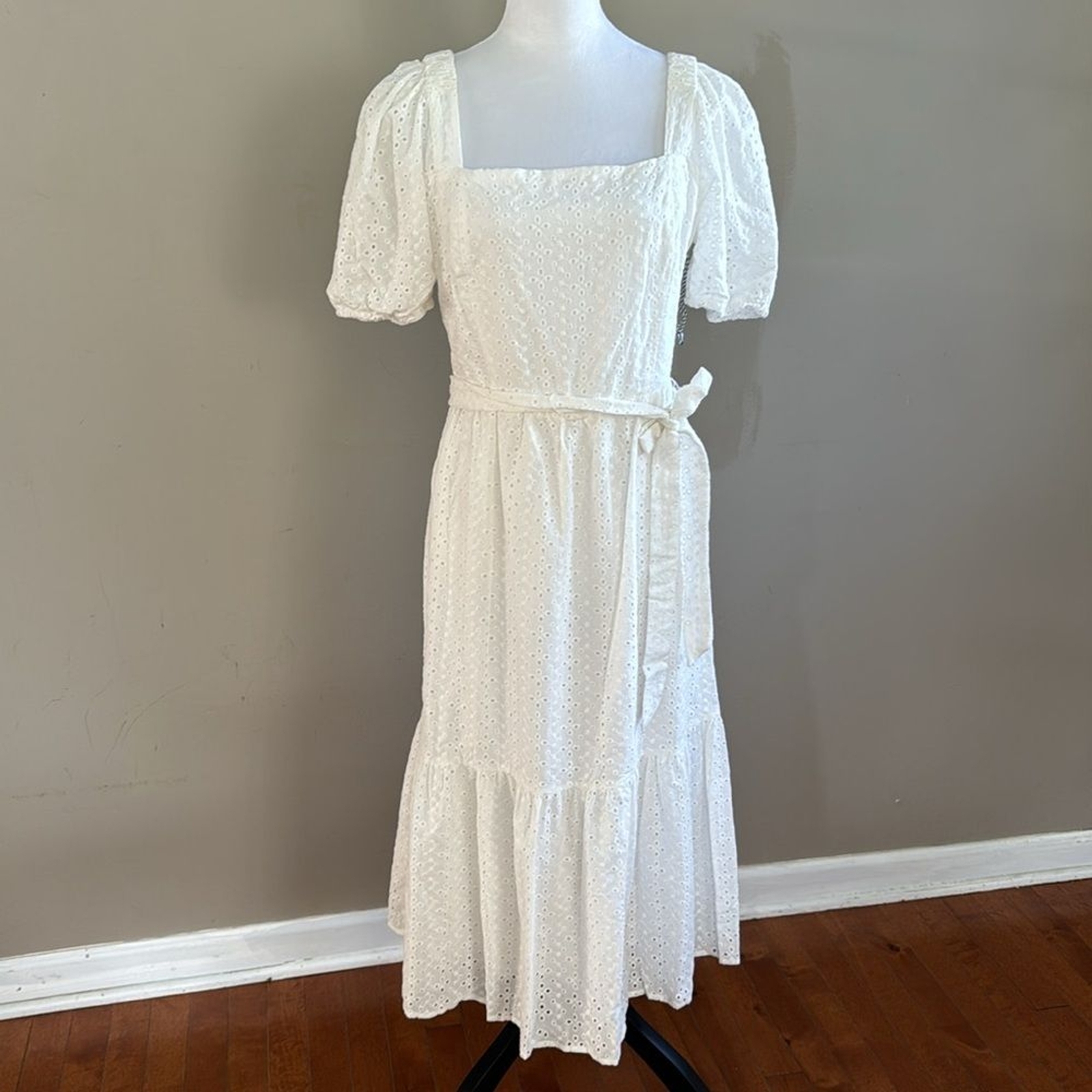 Draper James RSVP Eyelet Squareneck White Tiered Hem Midi Dress Size L