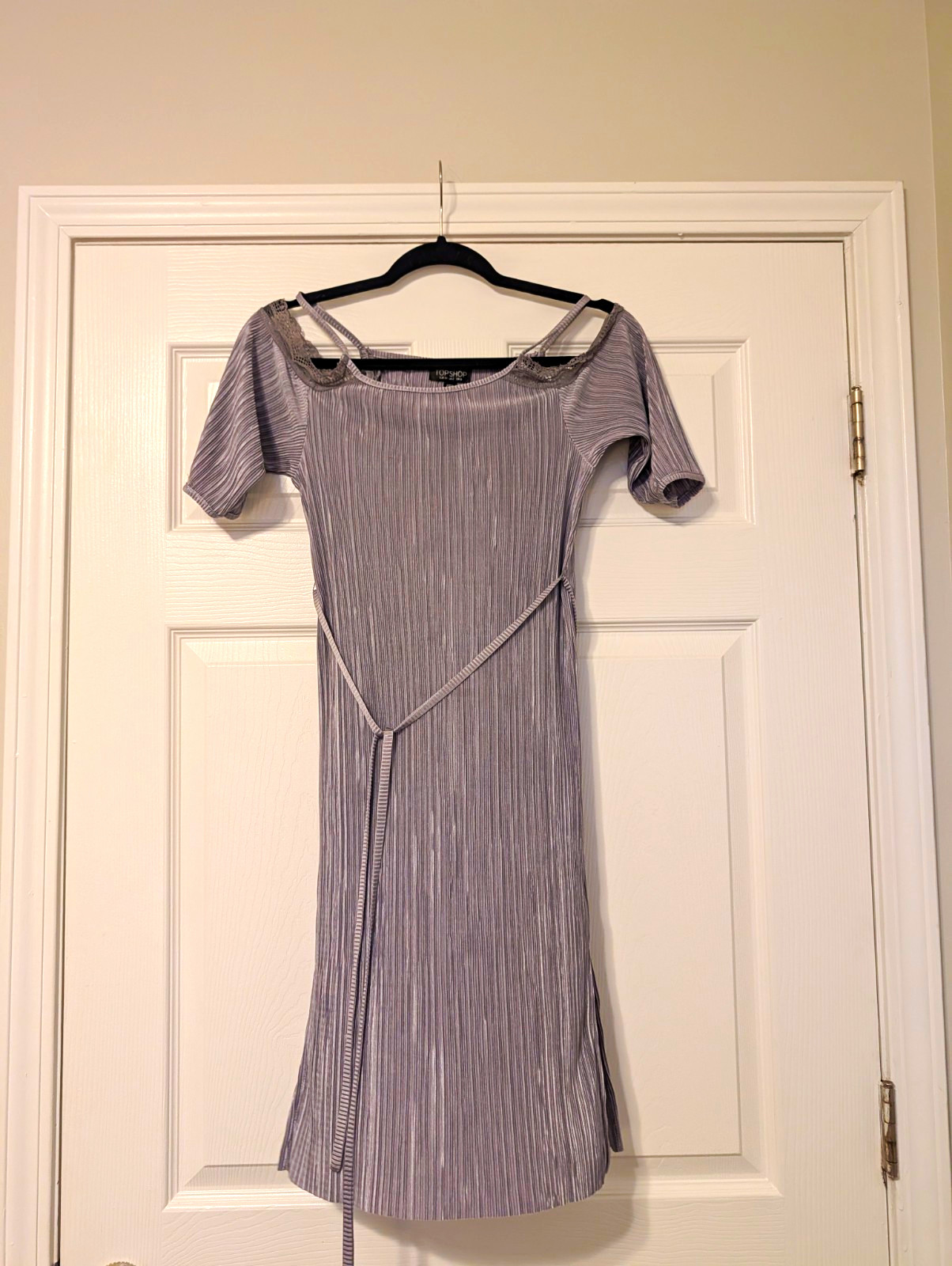 Topshop Silver Shift Dress Scoop Neck Cold Shoulder Pleated Lace Tie Belt 2